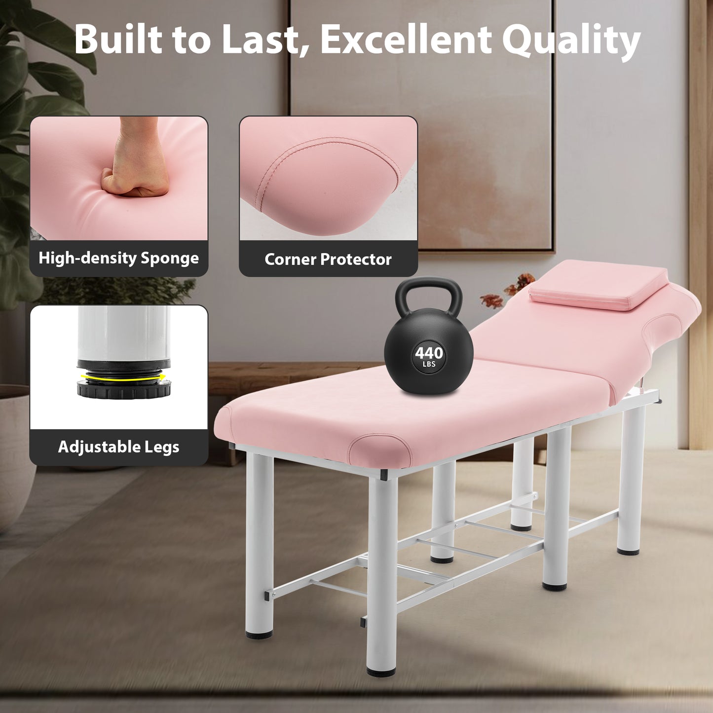 Pink massage table with highdensity sponge cushioning for comfort