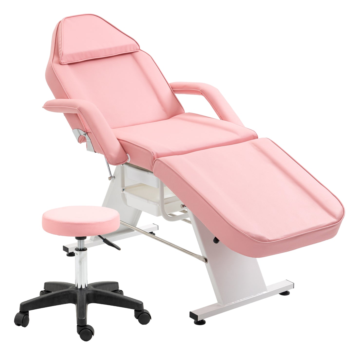 Pink adjustable facial bed with wheeled stool perfect for spa treatments
