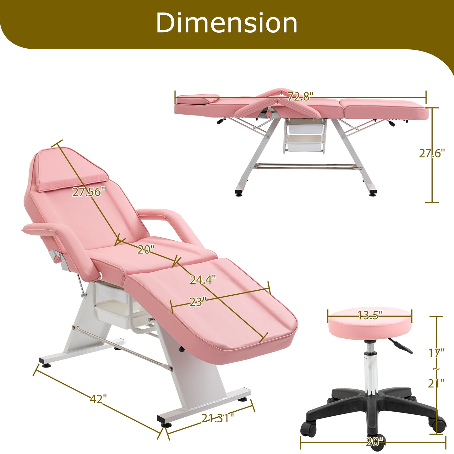 Adjustable pink spa bed with removable headrest and storage drawers long
