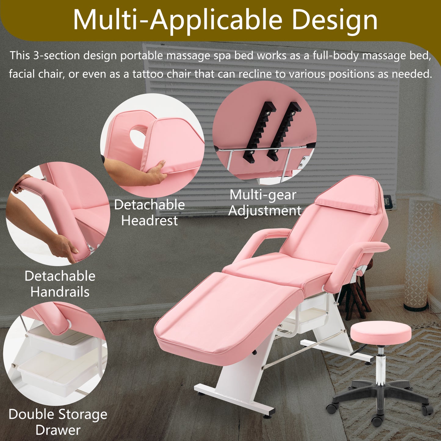 Pink spa bed with detachable headrest and adjustable armrests for massage therapy