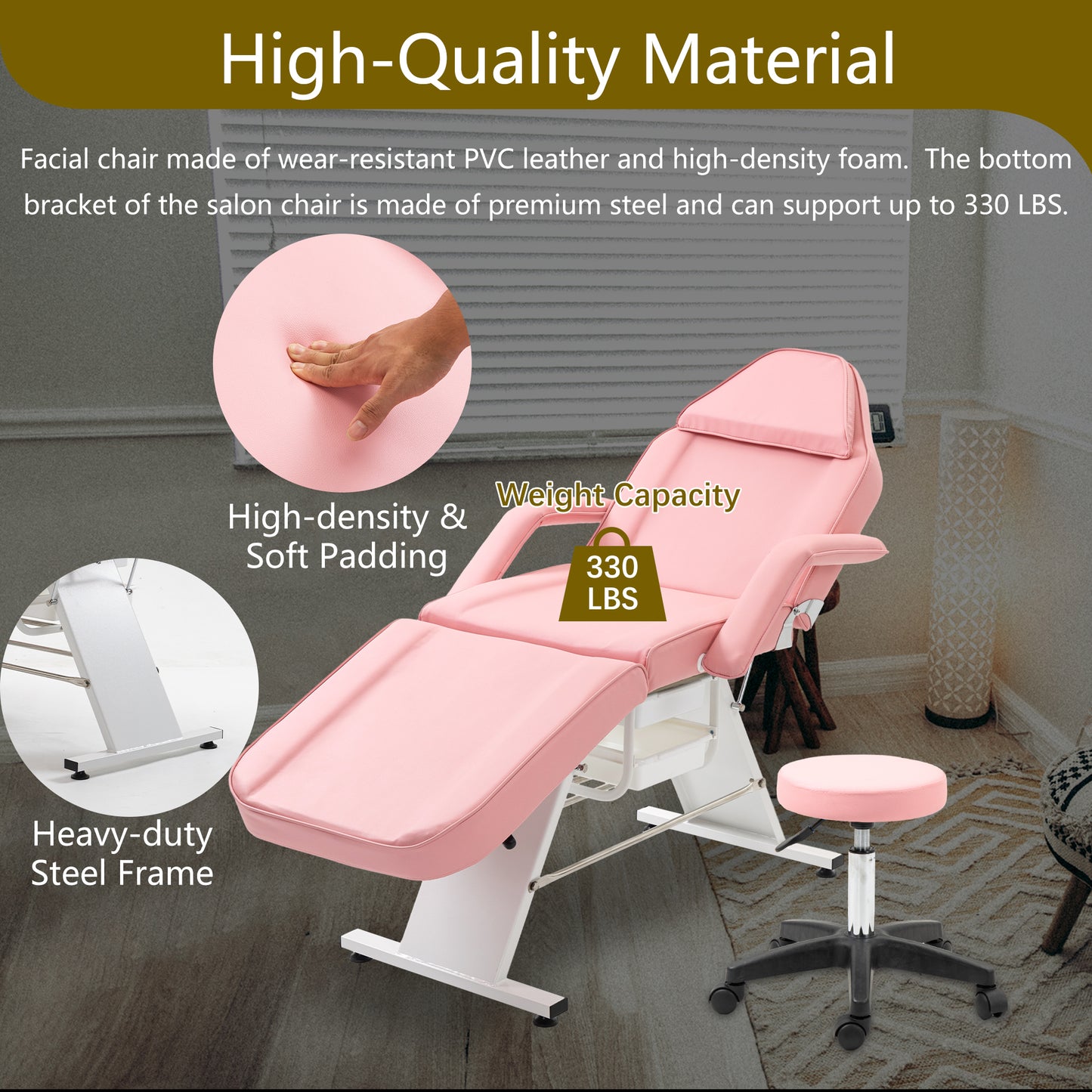Pink salon chair with highdensity soft padding and heavyduty steel frame