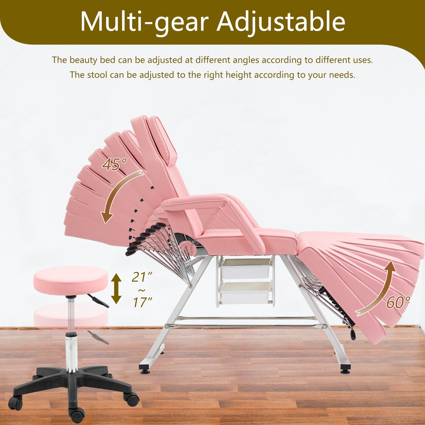 Pink multigear adjustable beauty bed and rolling stool with adjustable height