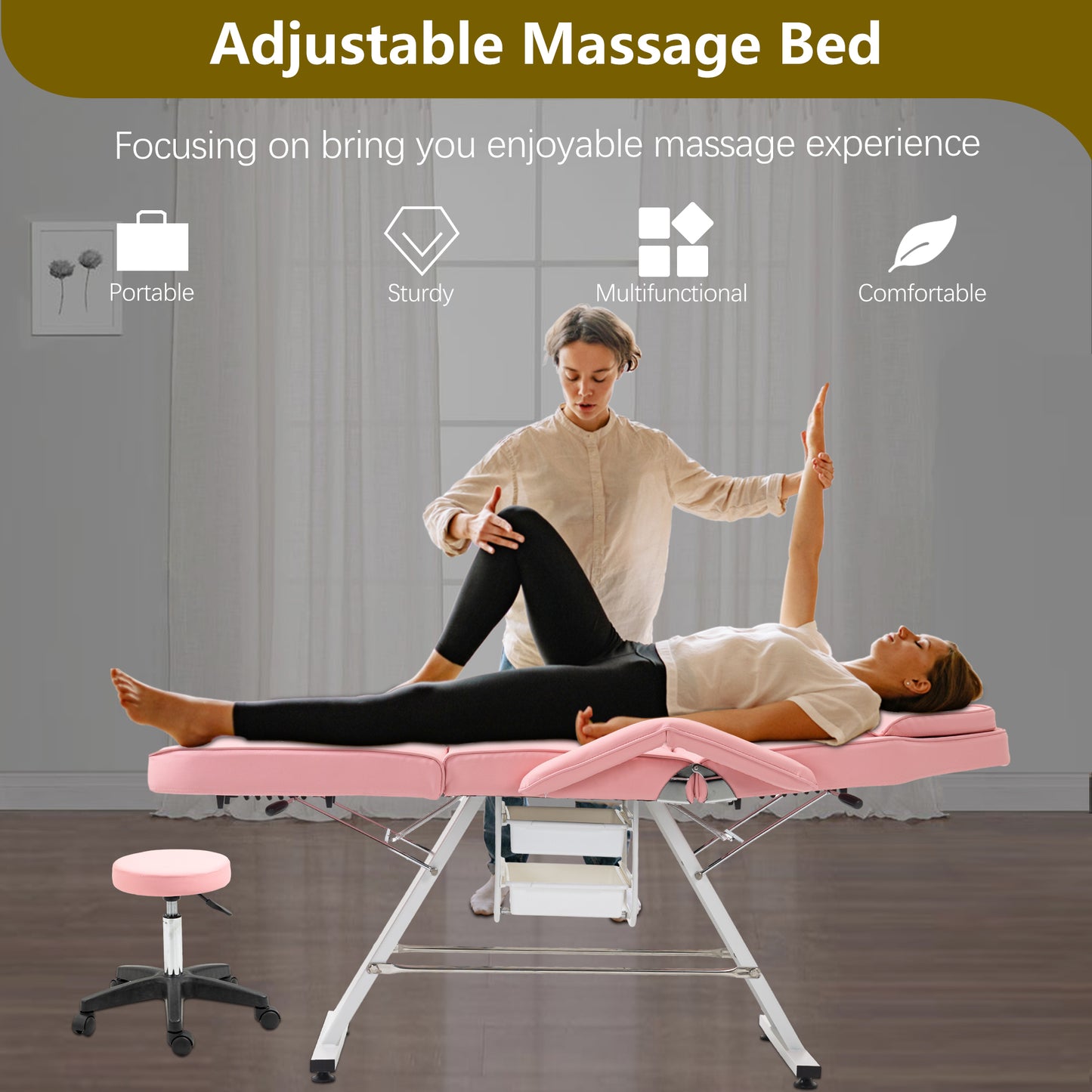 Pink adjustable massage bed with face cradle and massage therapist assisting client