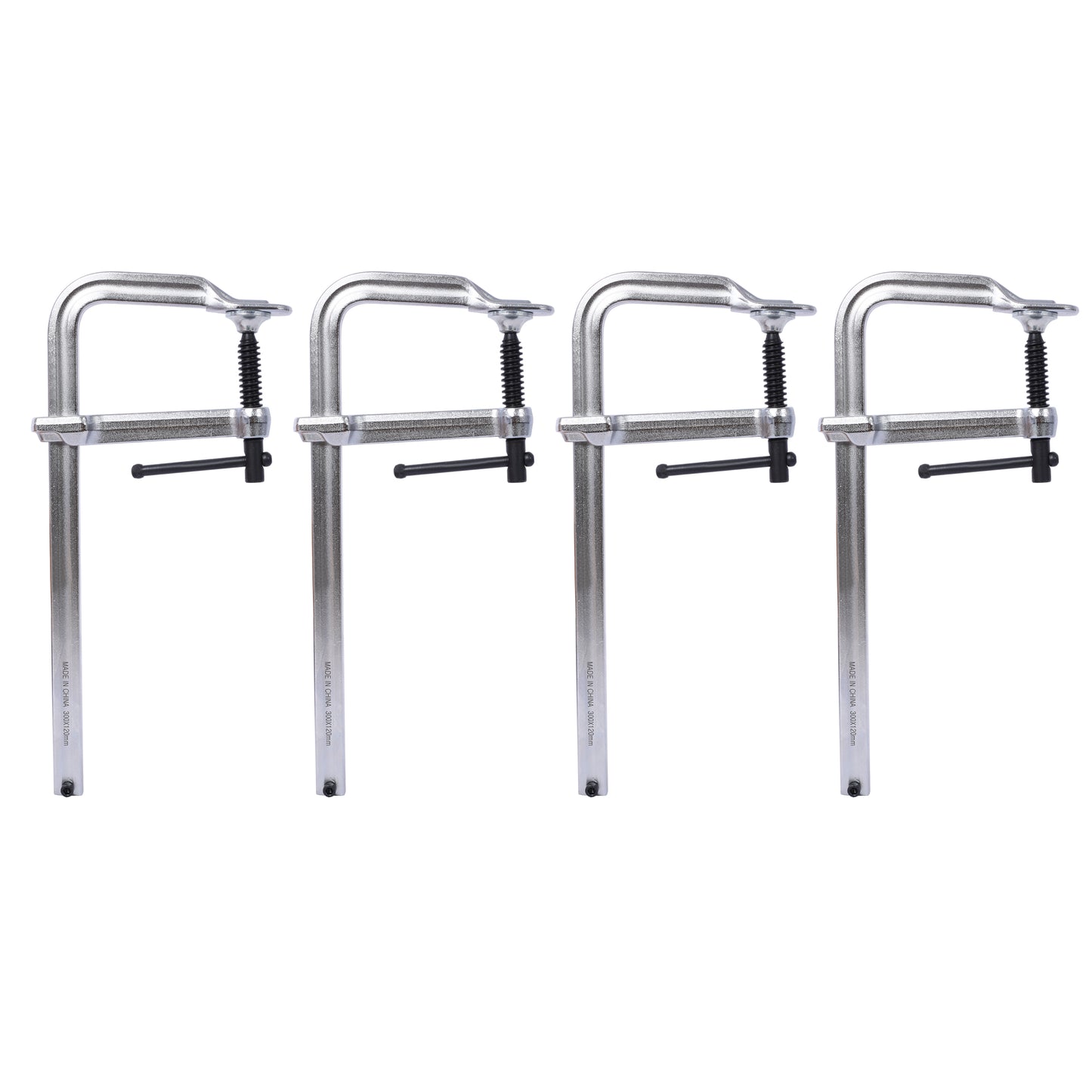 Four silver Fclamps with black handles and threaded shafts ideal for woodworking projects