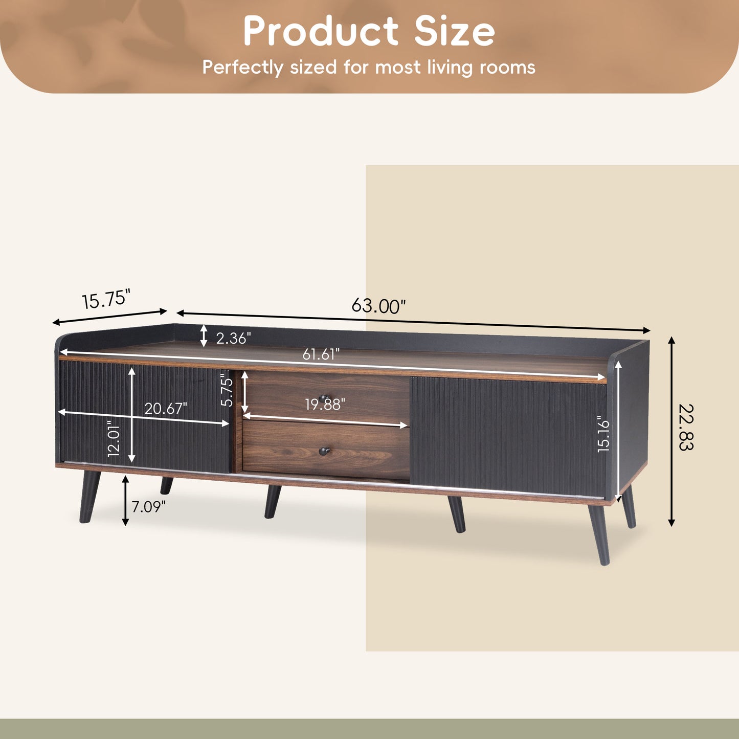 Midcentury modern TV stand in dark wood with ribbed cabinet doors and brushed nickel hardware