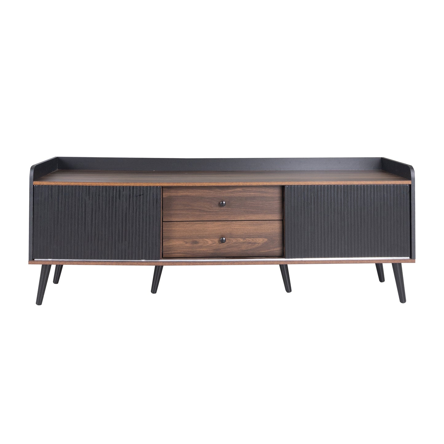 Dark wood modern media console with ribbed black doors and two drawers