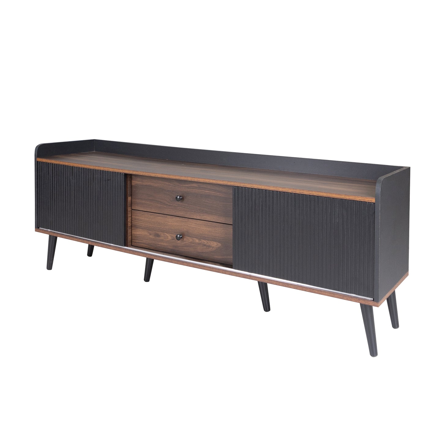 Dark wood and black slat cabinet with two drawers and metal accents