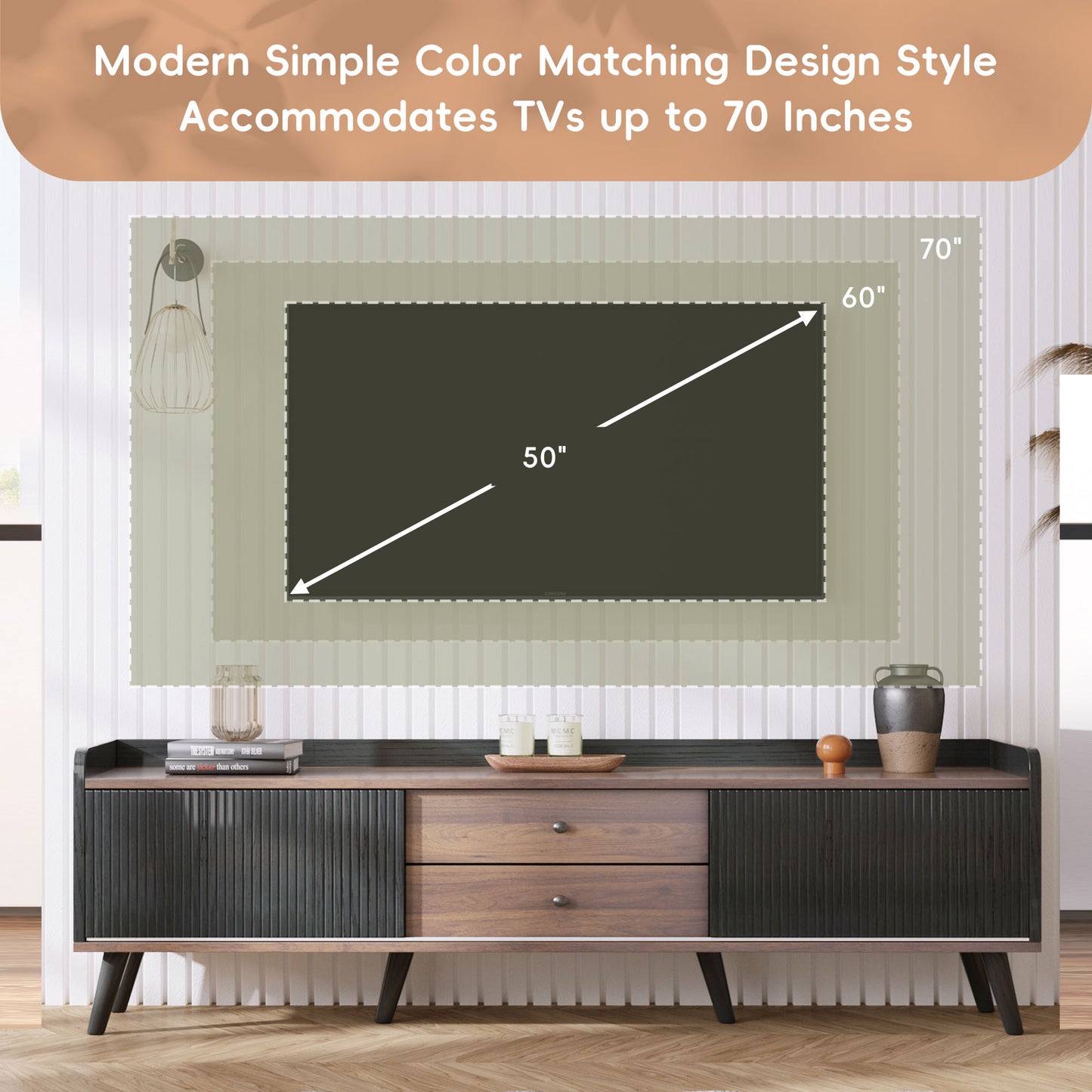 Modern TV stand in wood finish with fluted black cabinet doors accommodates up to inch TVs