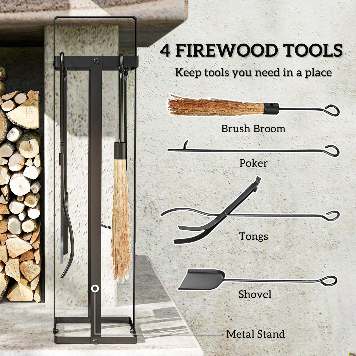 Black metal firewood tool set with brush broom poker tongs and shovel