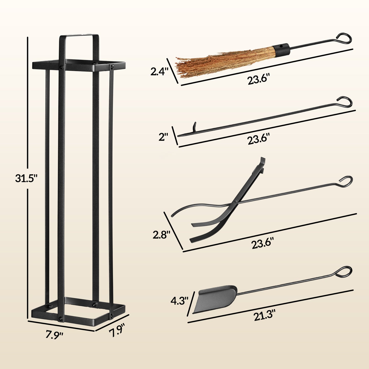 Black metal fireplace tool set with stand includes poker tongs brush and shovel