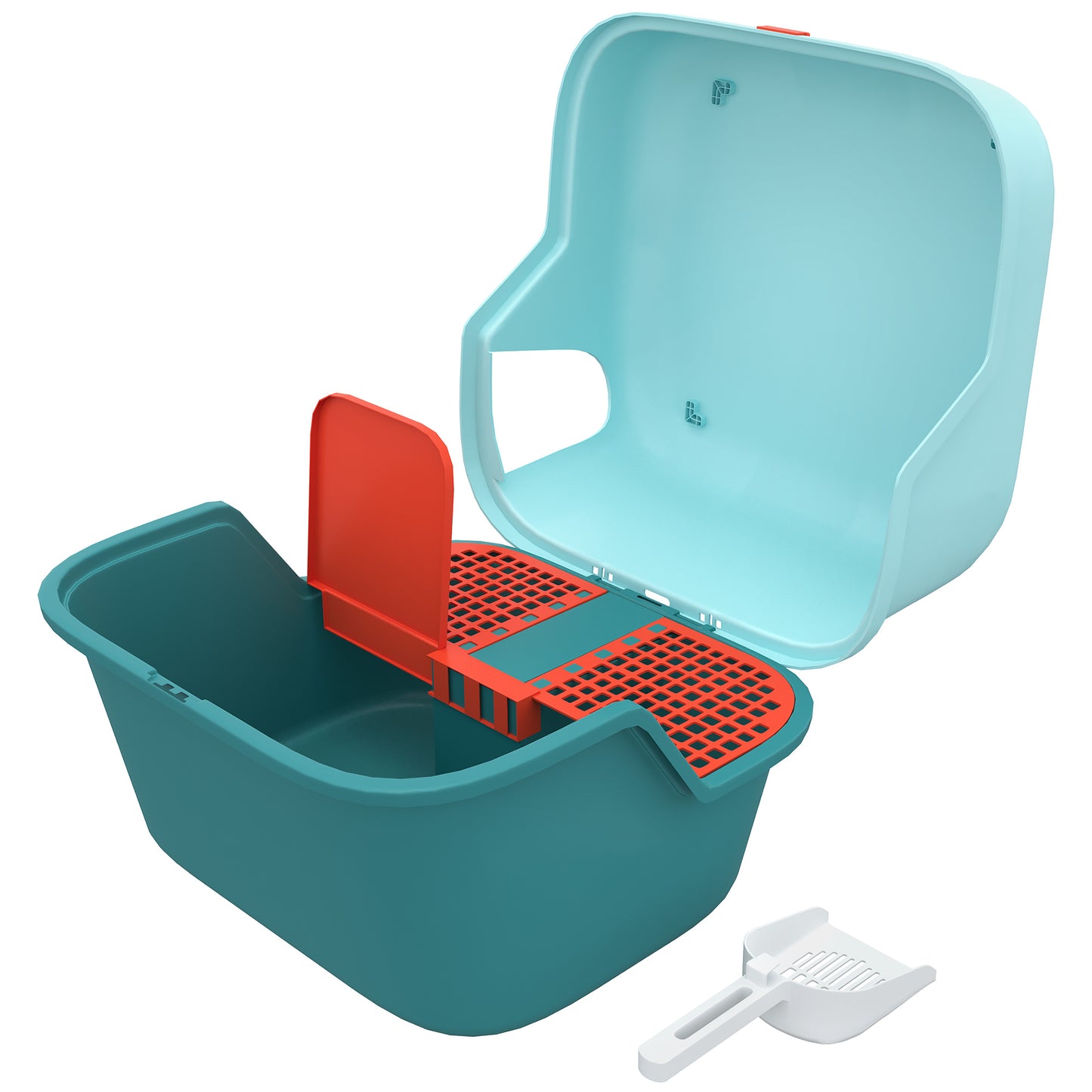 Teal and light blue plastic litter box with red sieve and scoop for cats