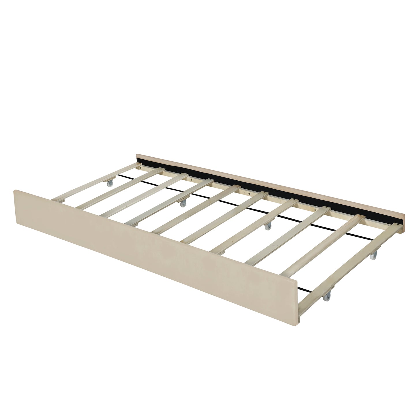 Beige upholstered trundle bed frame with wooden slats and wheels for easy pullout