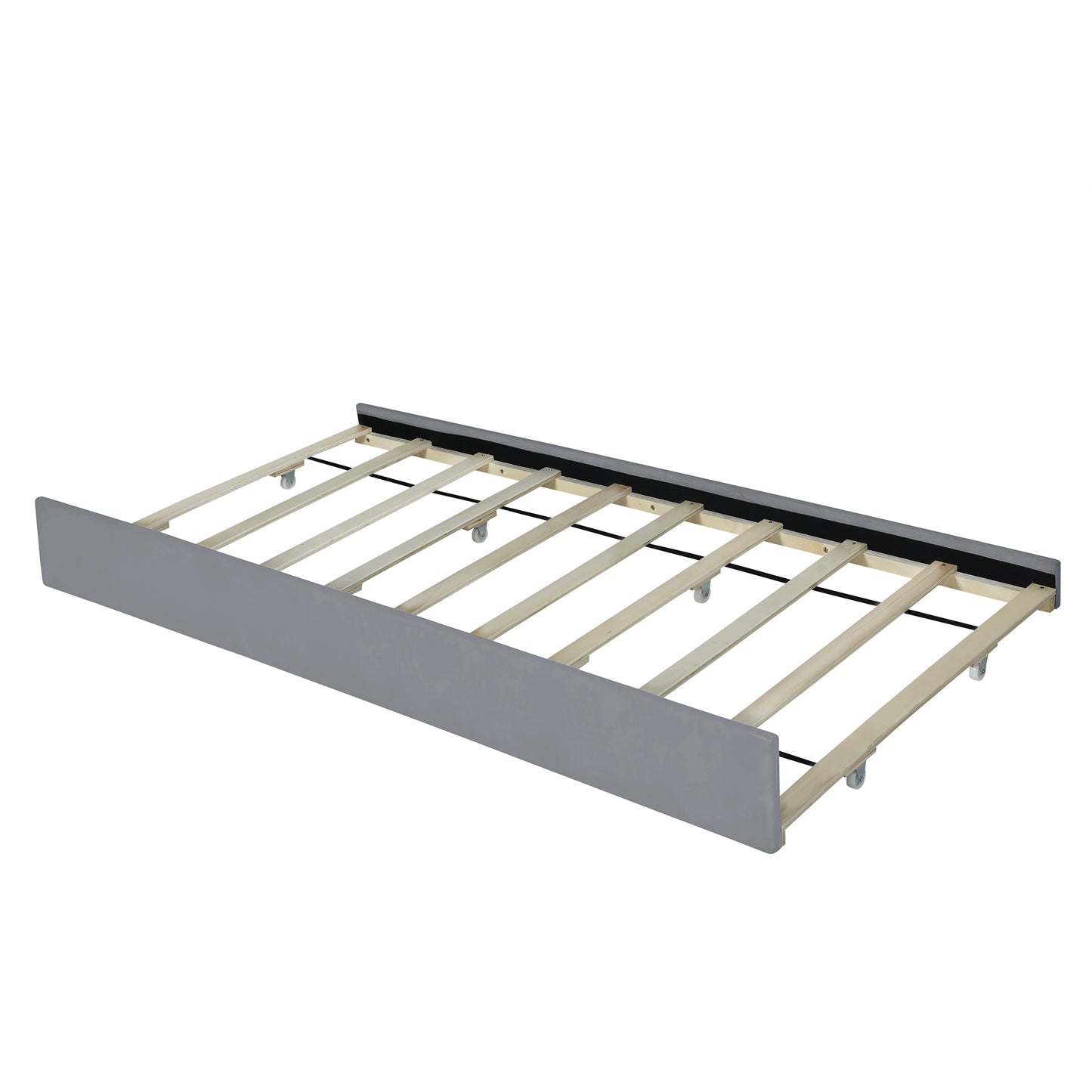 Gray upholstered trundle bed frame with wooden slats and rolling wheels