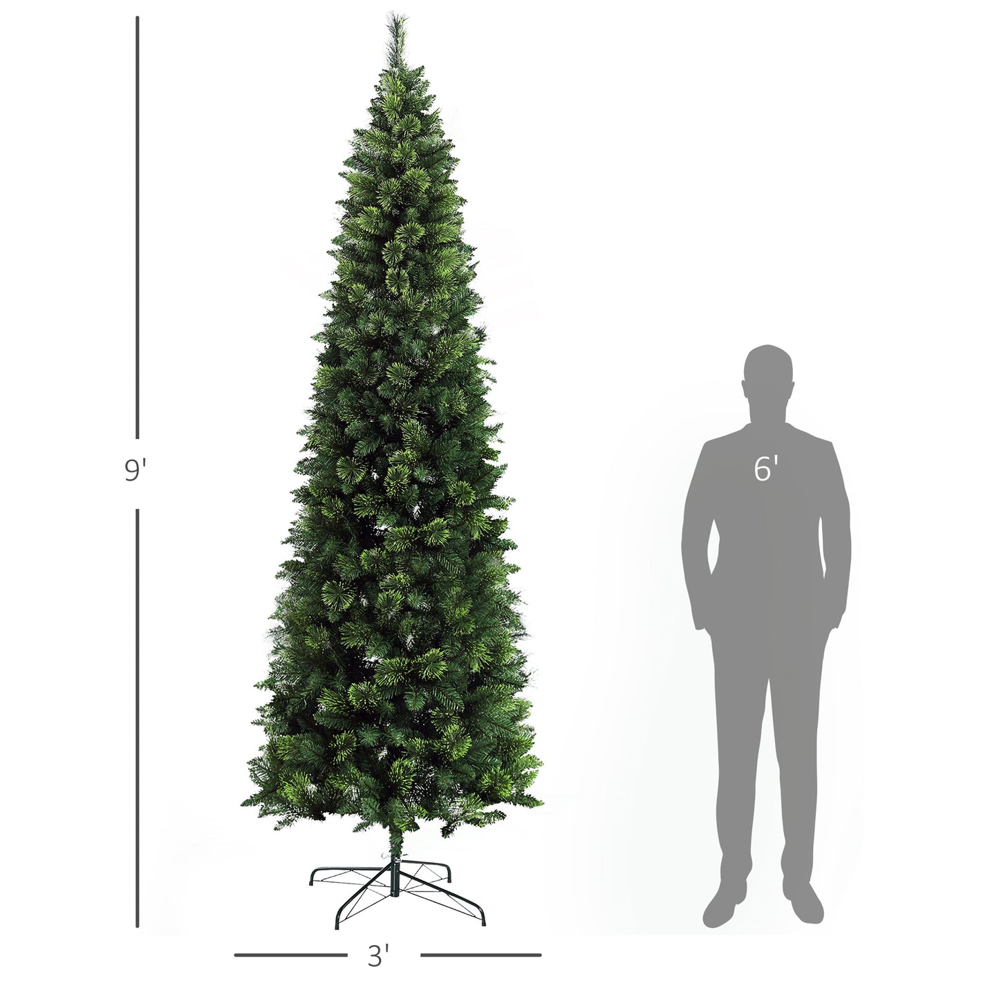 Tall ft artificial Christmas tree slim profile lush green branches shown next to a ft silhouette