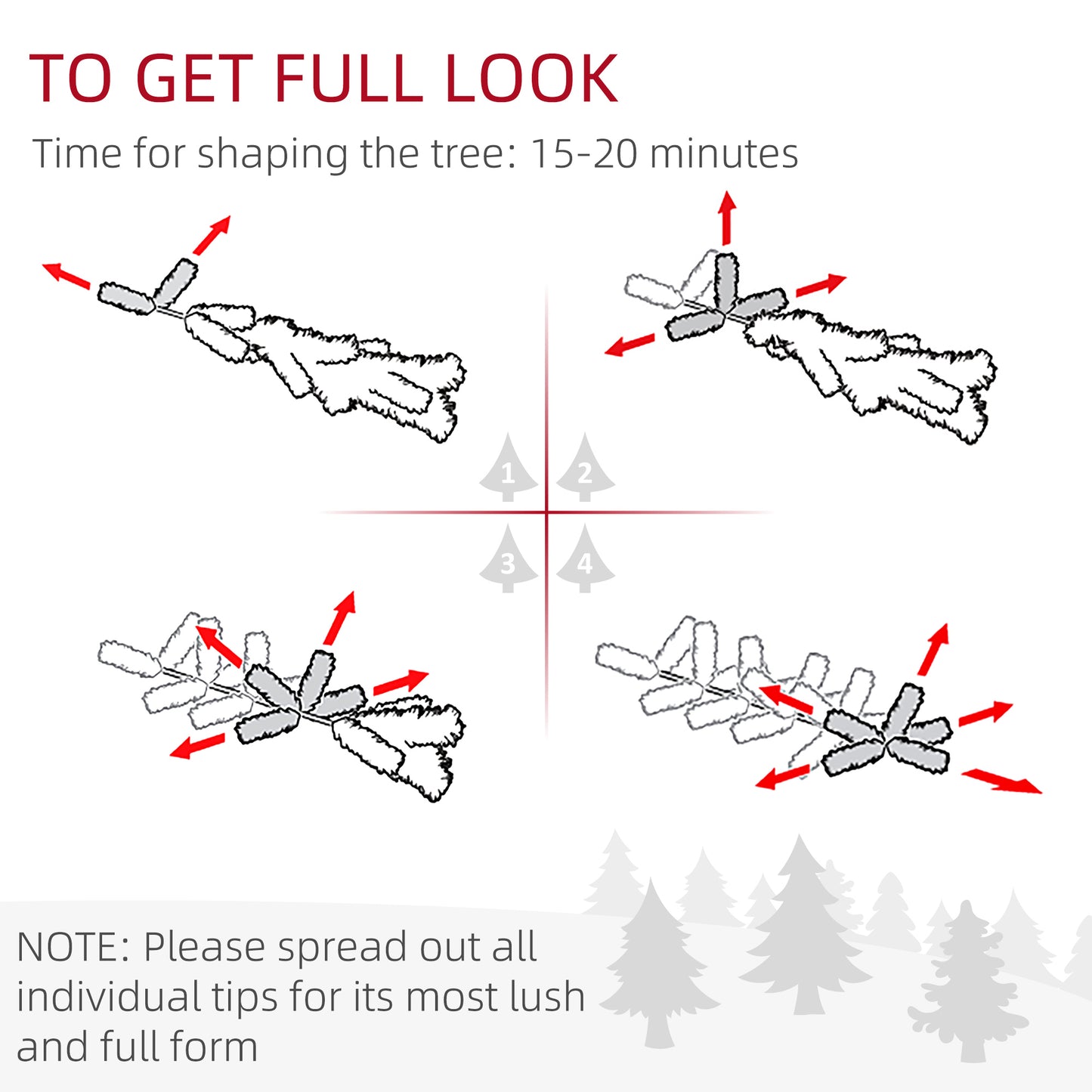 Diagram showing how to shape artificial Christmas tree branches for a fuller look