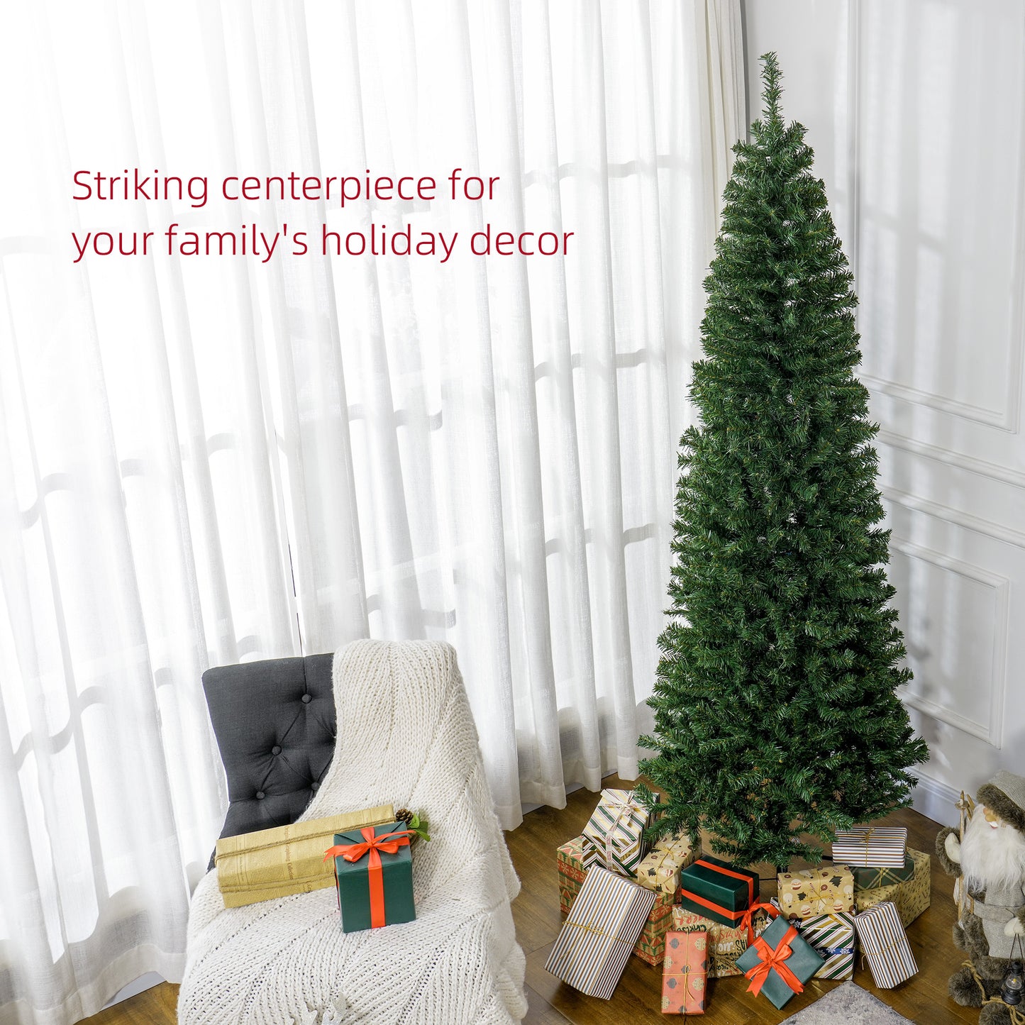 Tall slender artificial Christmas tree with realistic green needles perfect for small spaces