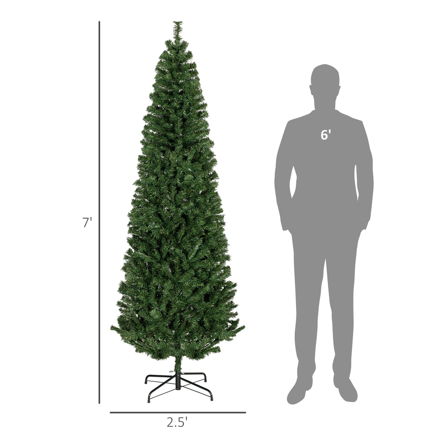 A foot tall slender artificial Christmas tree with dense green foliage and a metal stand