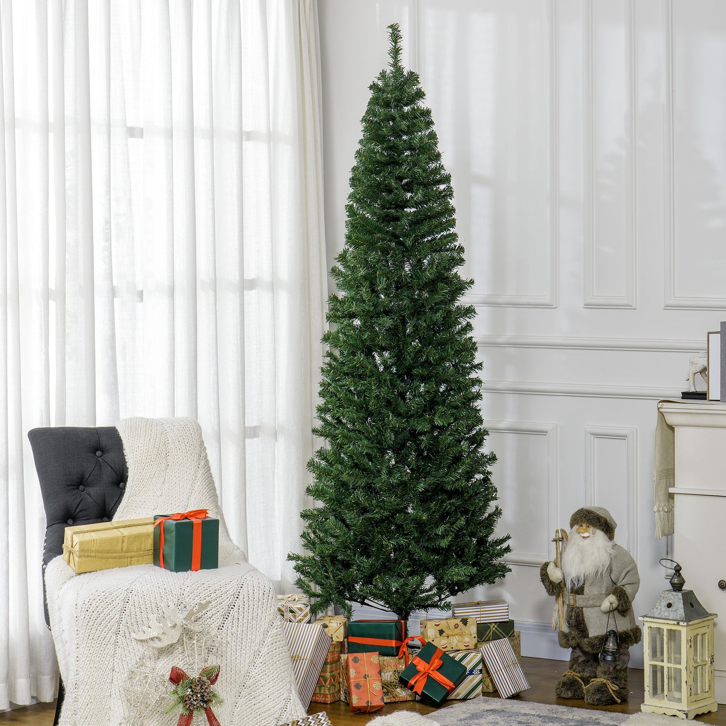 Slim artificial Christmas tree with realistic green needles perfect for small spaces