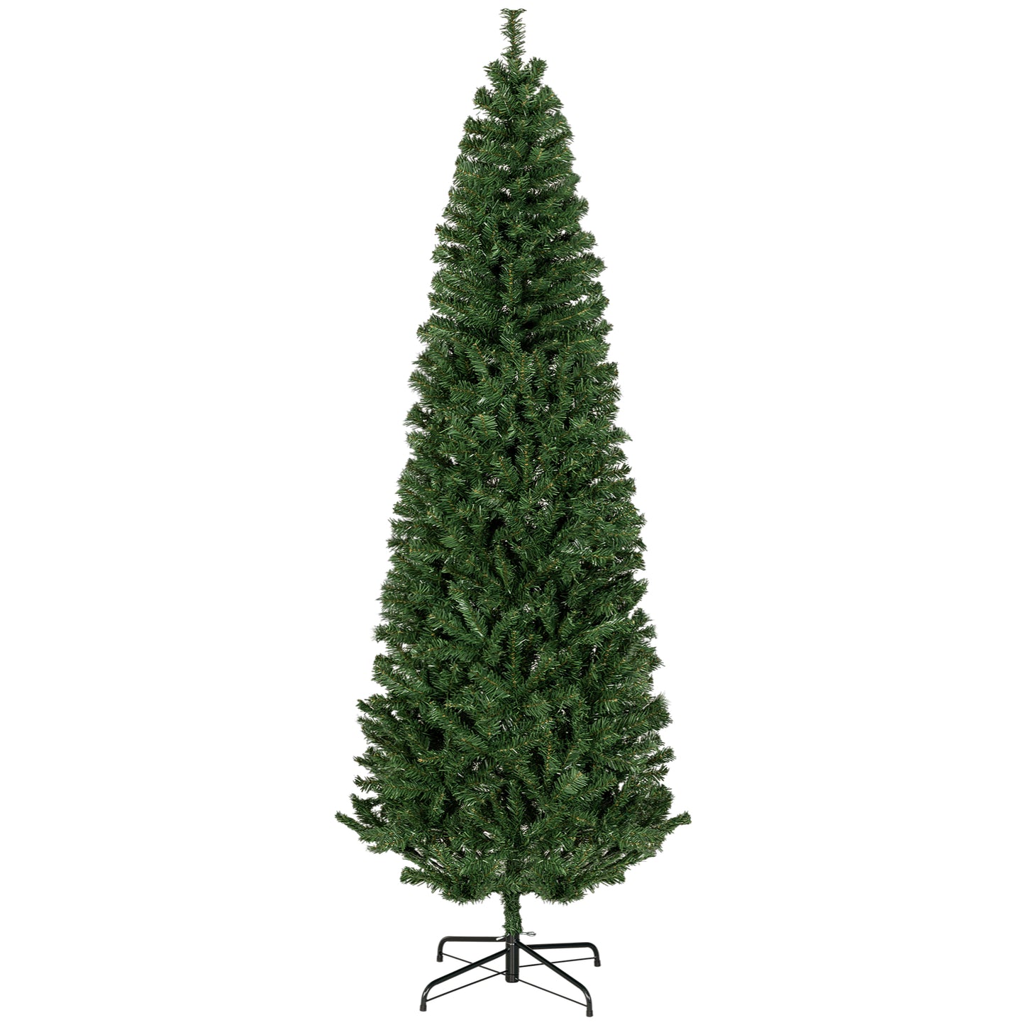 Tall slender artificial Christmas tree in dark green with a metal stand
