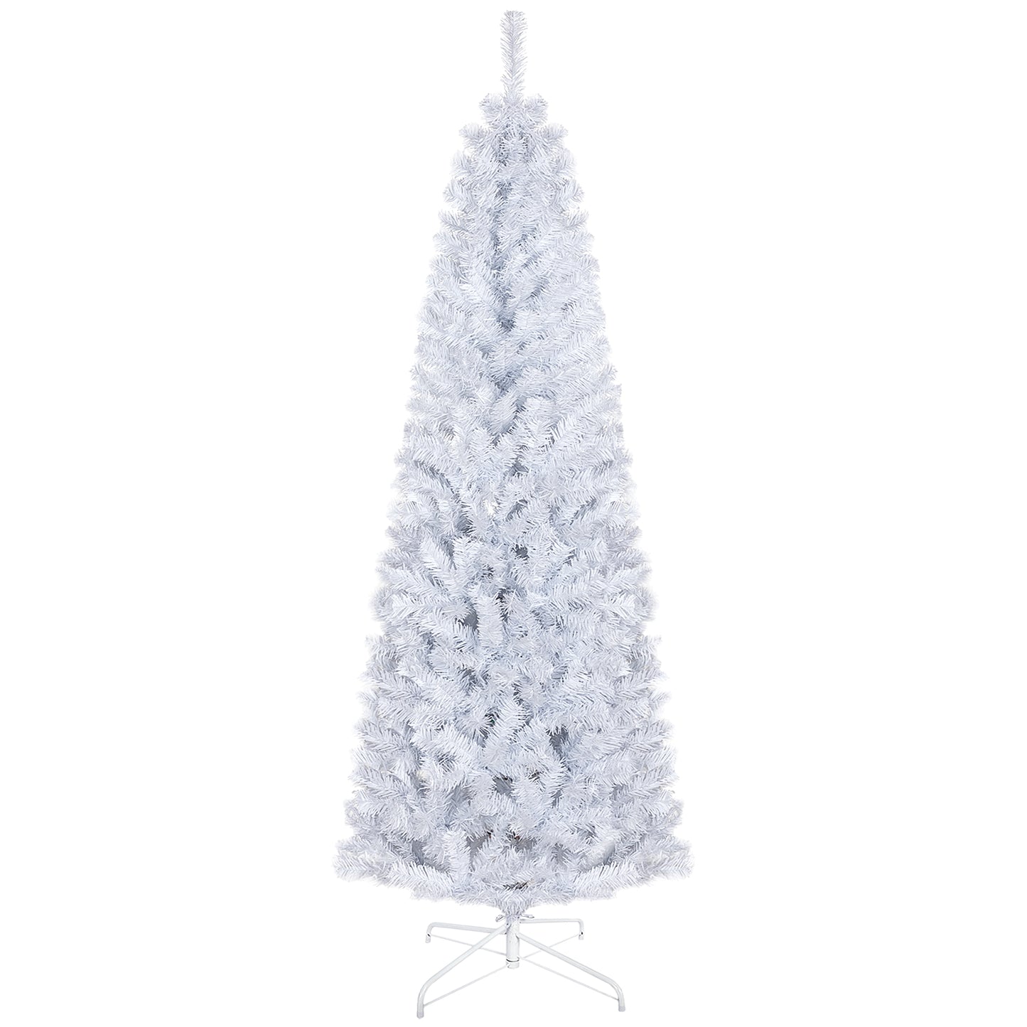 Tall artificial white Christmas tree with a metal stand ready for holiday decoration