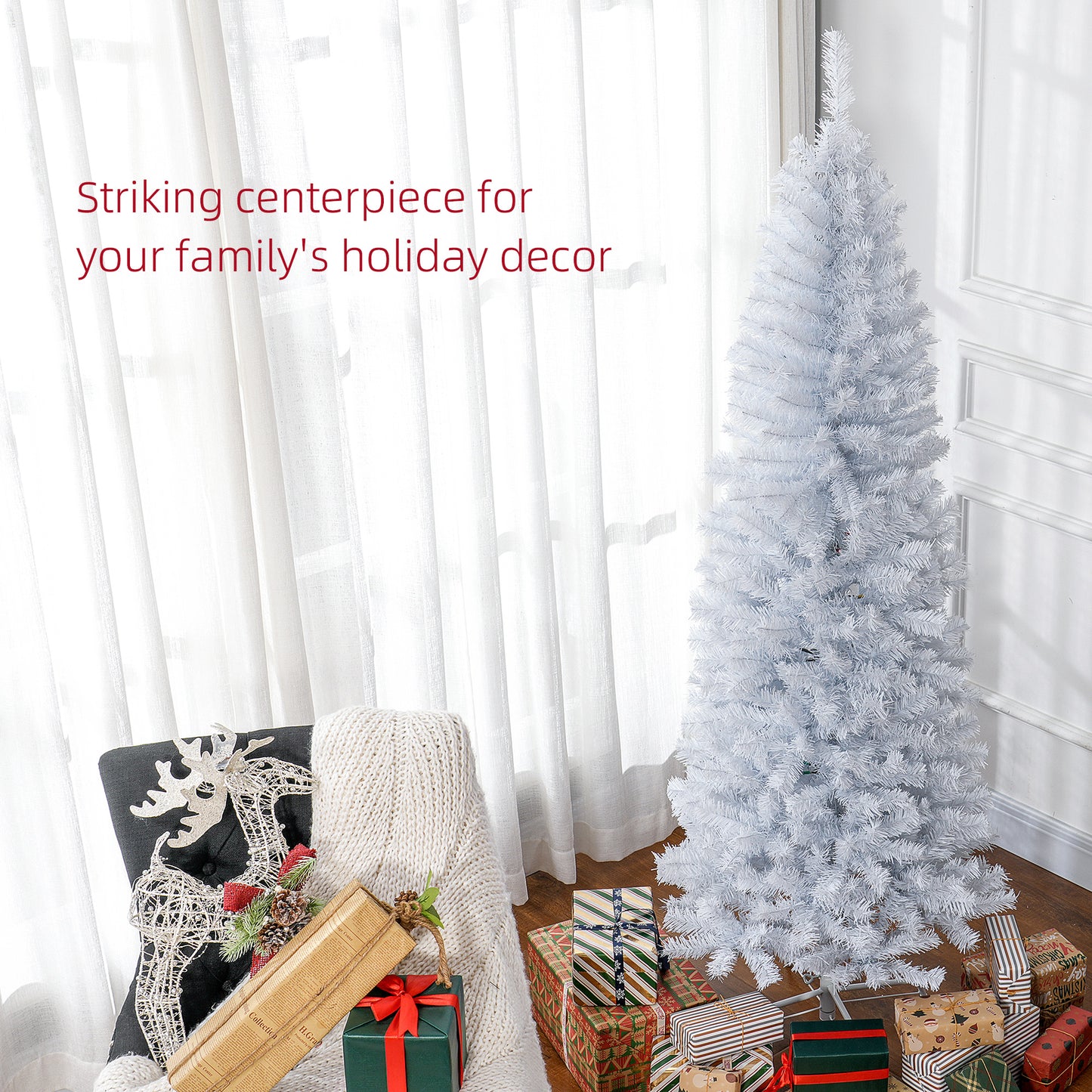 A lush flocked white artificial Christmas tree with dense branches perfect for holiday decor