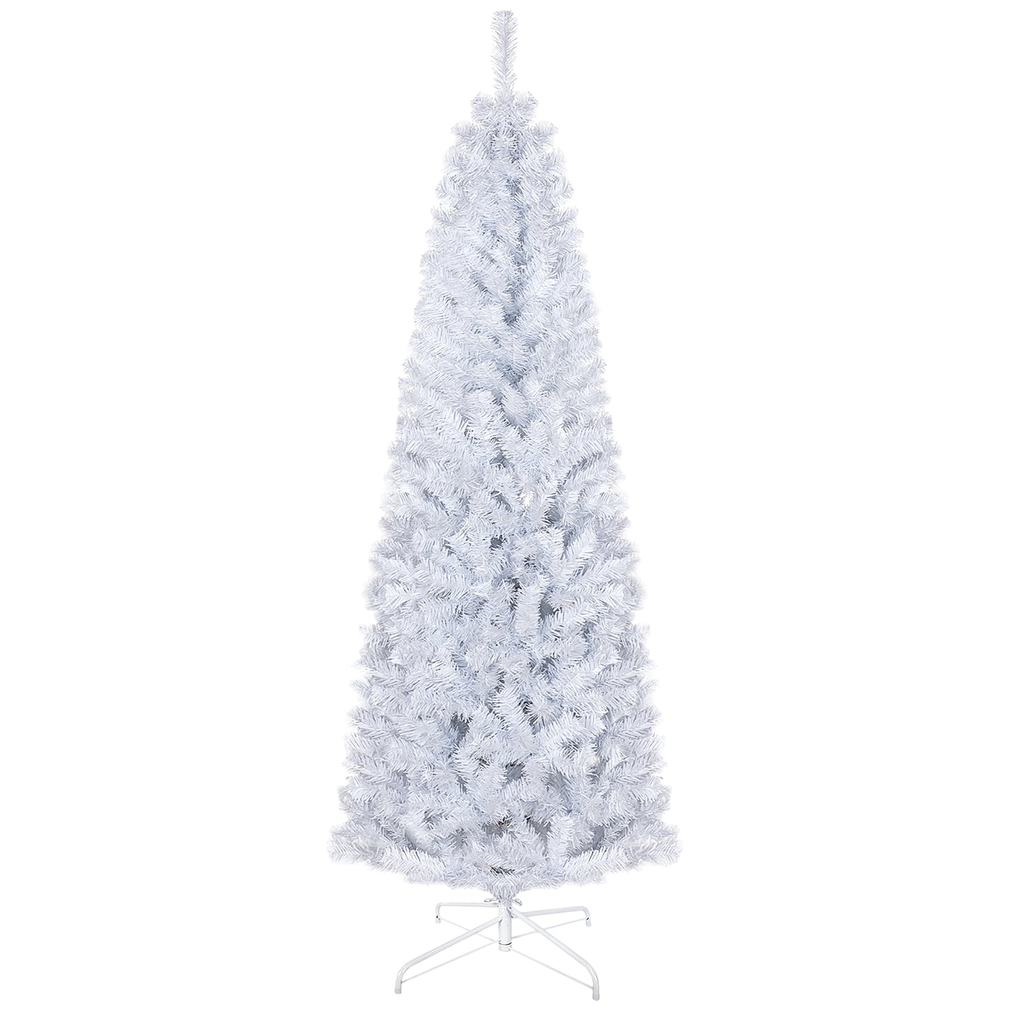 Slim white artificial Christmas tree with a metal stand perfect for modern holiday decor