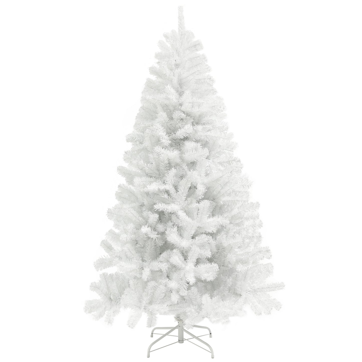 White artificial Christmas tree with dense realistic branches and a sturdy metal stand