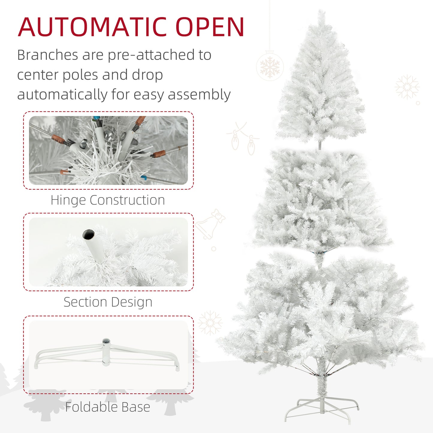 White artificial Christmas tree with preattached branches for easy setup