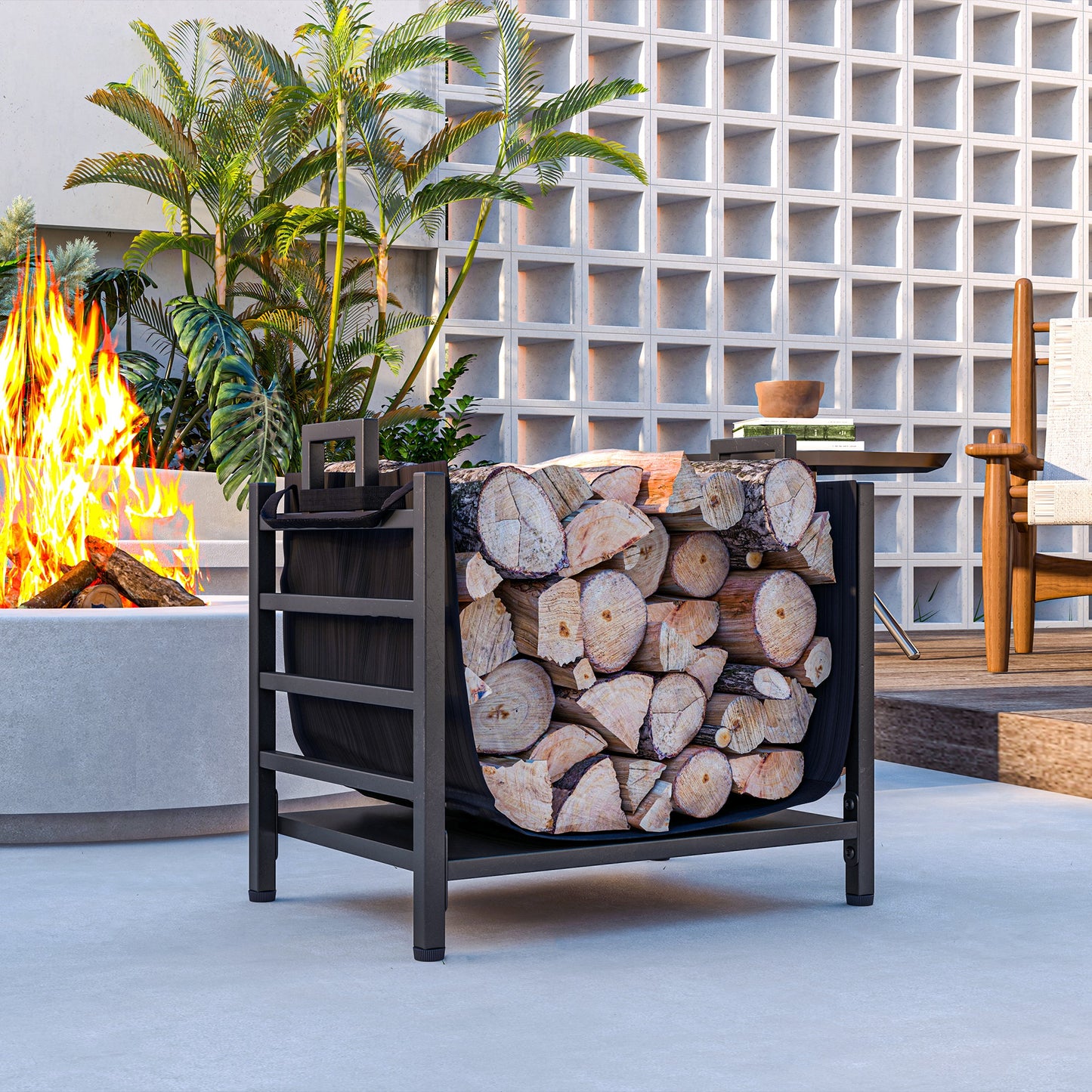 Black metal firewood rack filled with split logs for outdoor use