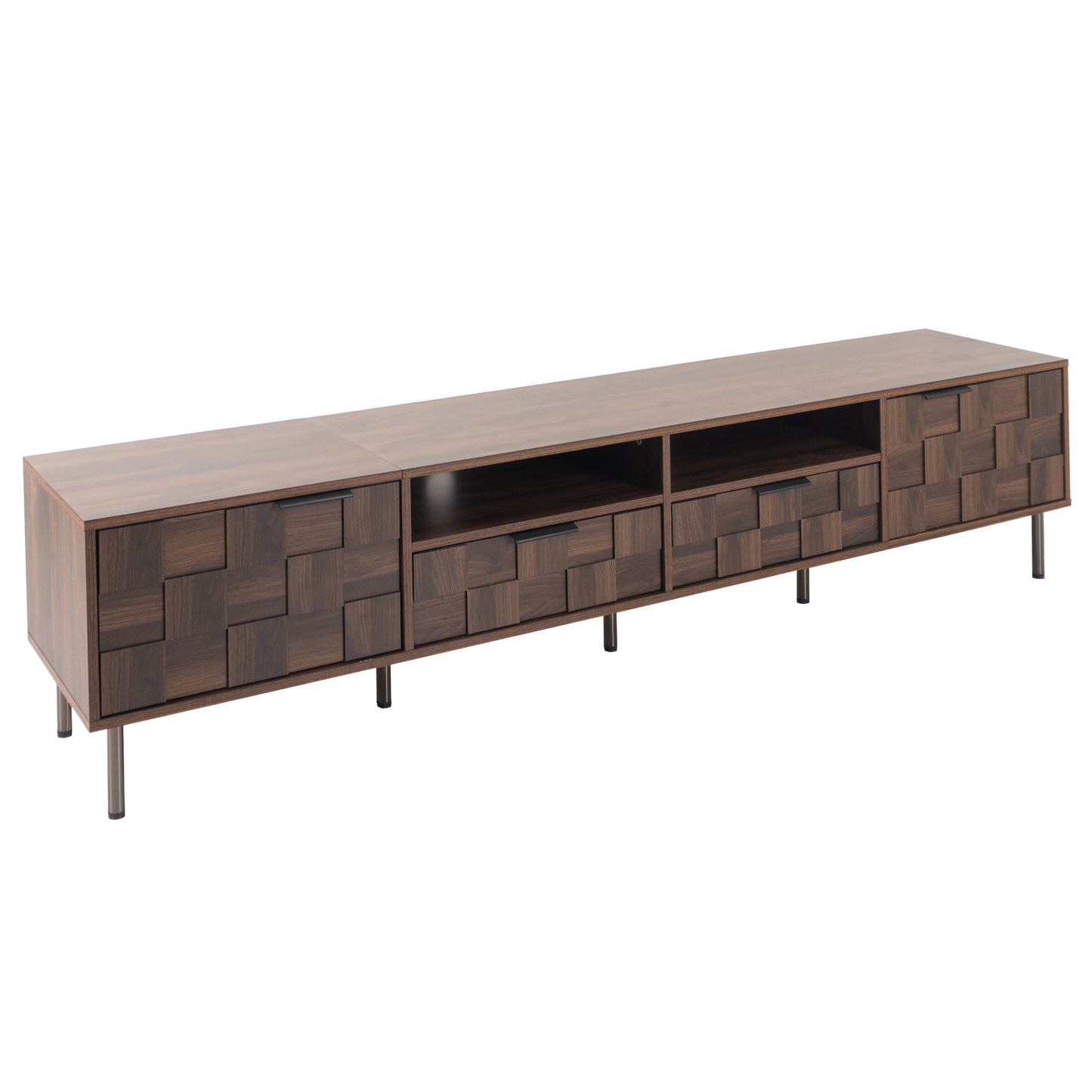 Dark wood media console with geometric drawer fronts and open shelving