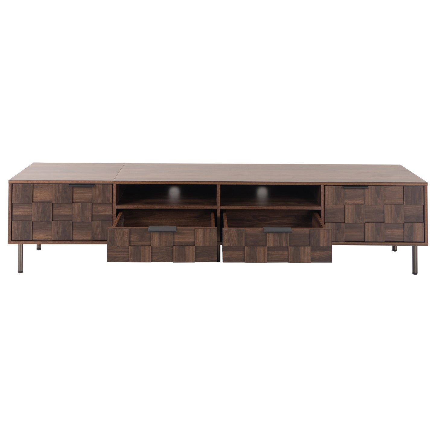 Dark wood media console with woven drawer fronts and open shelving