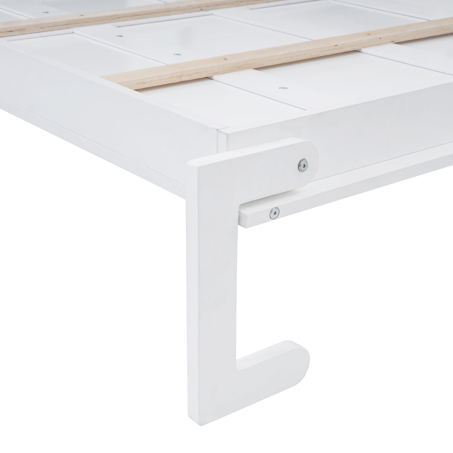 White wooden bed frame detail with slat support