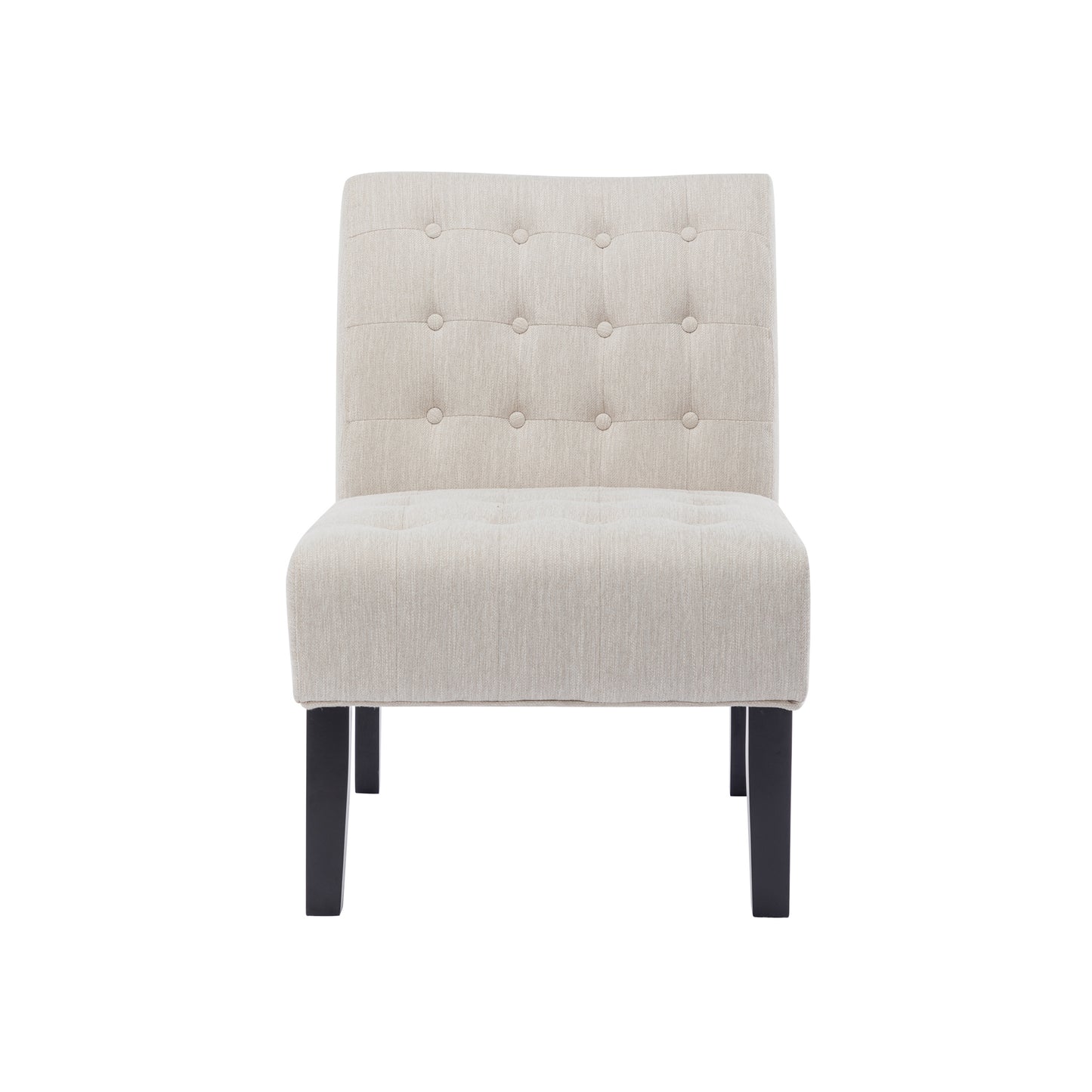 Beige upholstered accent chair with button tufting and dark wooden legs