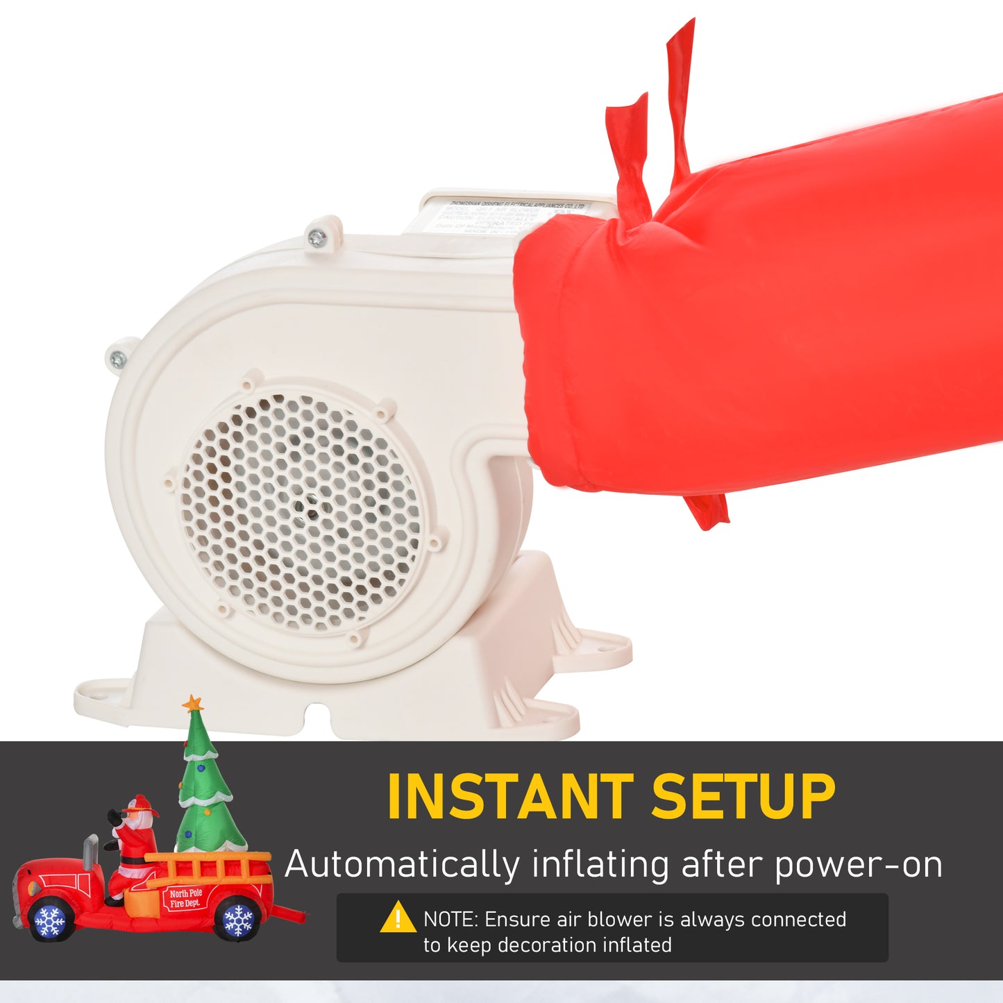 White electric air blower with red fabric tube for inflating holiday decorations