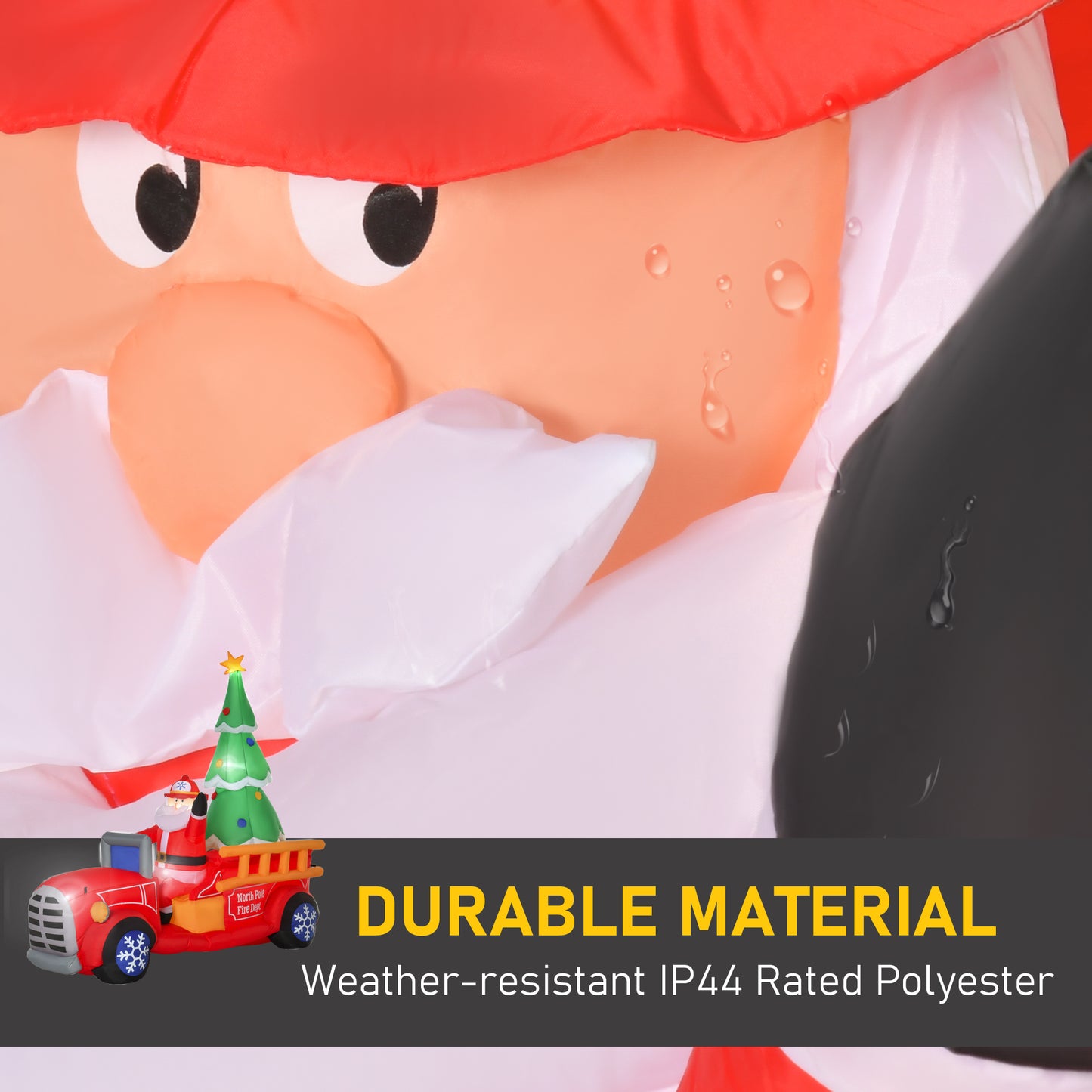 Closeup of a jolly inflatable Santa figure with a red hat and a festive truck