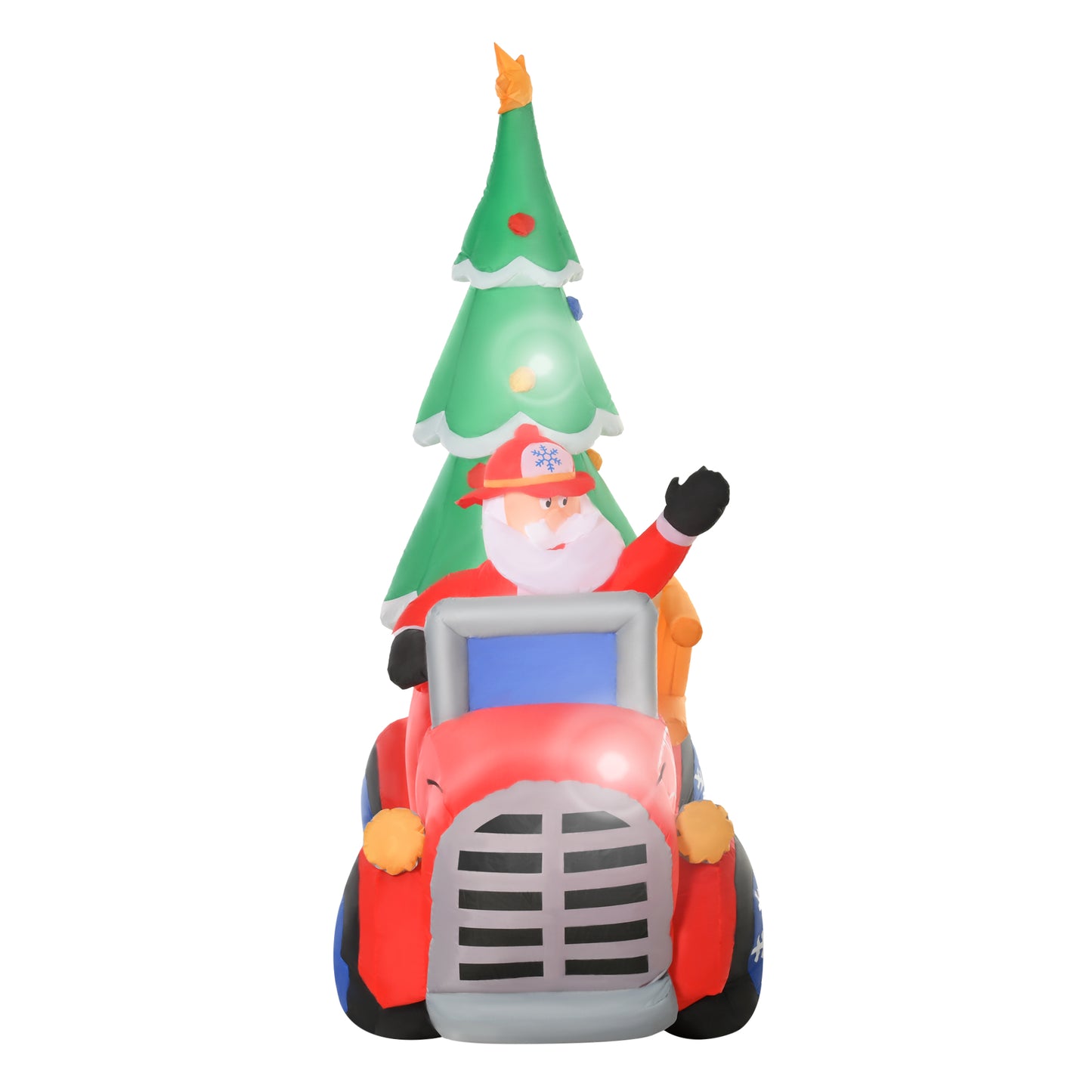 Inflatable Santa driving a red truck with a Christmas tree holiday decoration