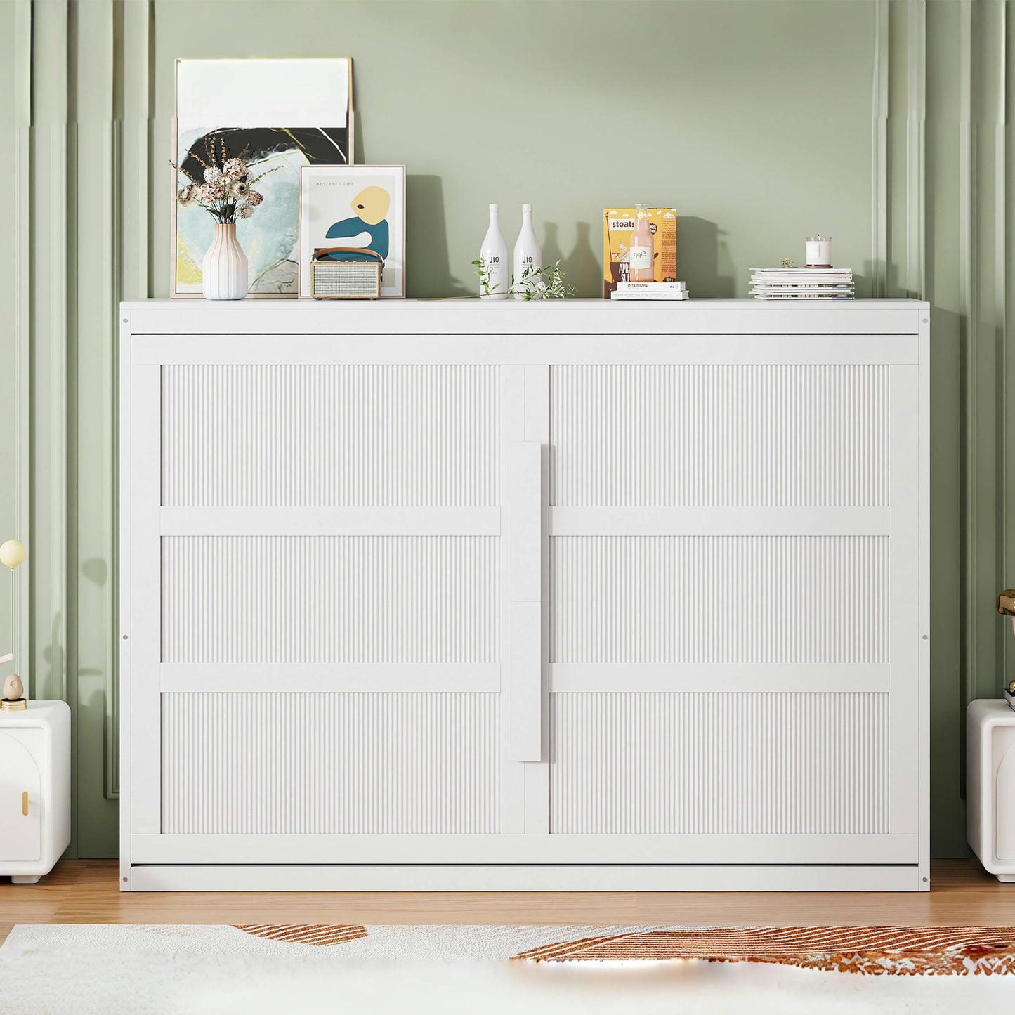 White modern wall bed with fluted panel doors