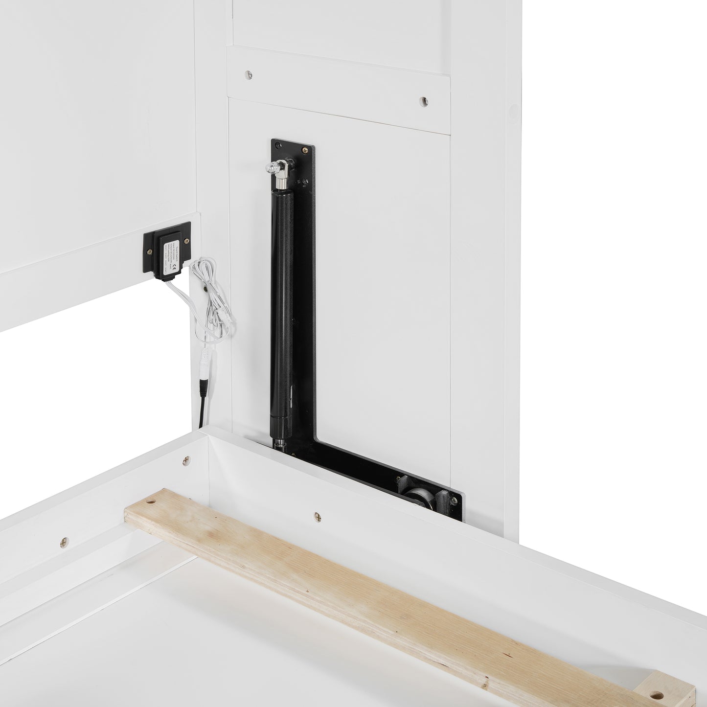 White wooden bed frame with black gas lift mechanism