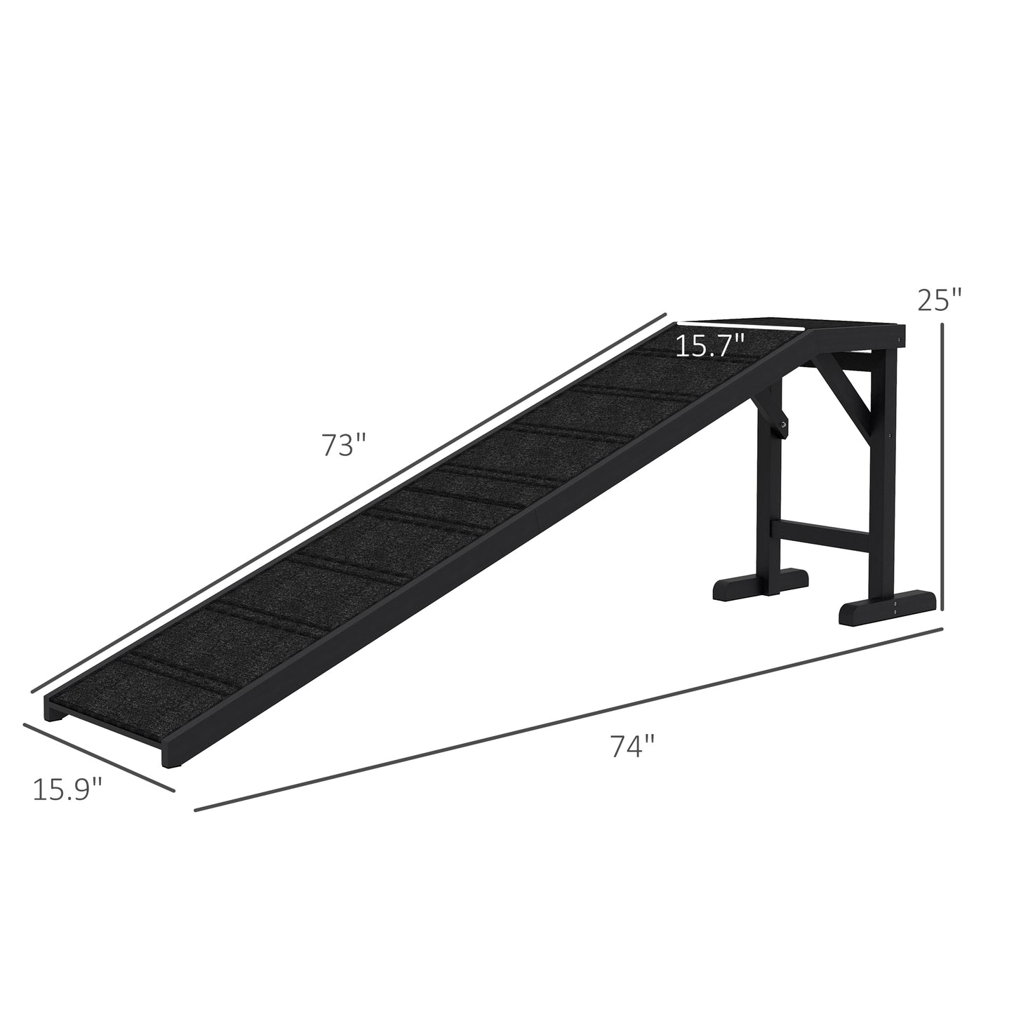 Black adjustable dog ramp with textured surface for traction inches long