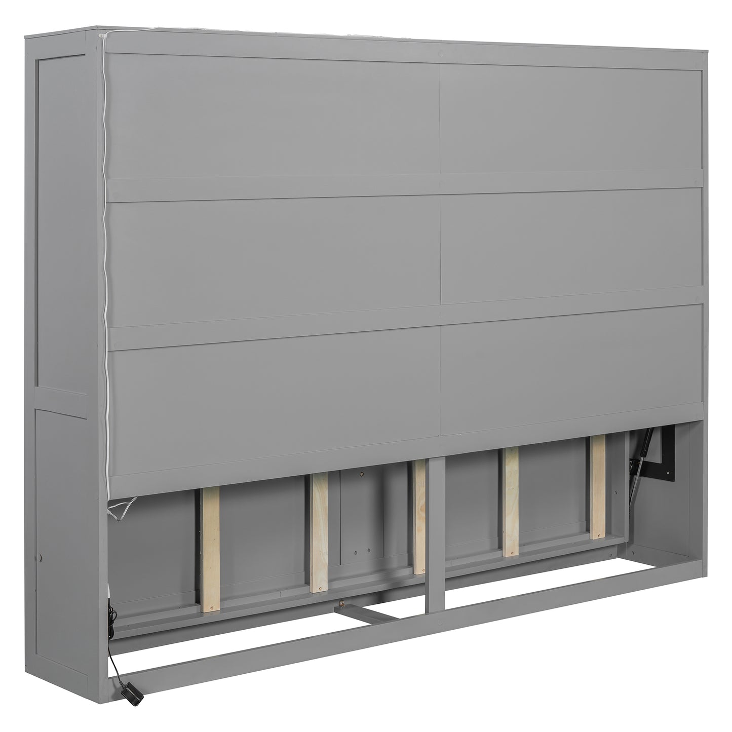 Gray murphy bed cabinet mechanism with wooden support beams visible