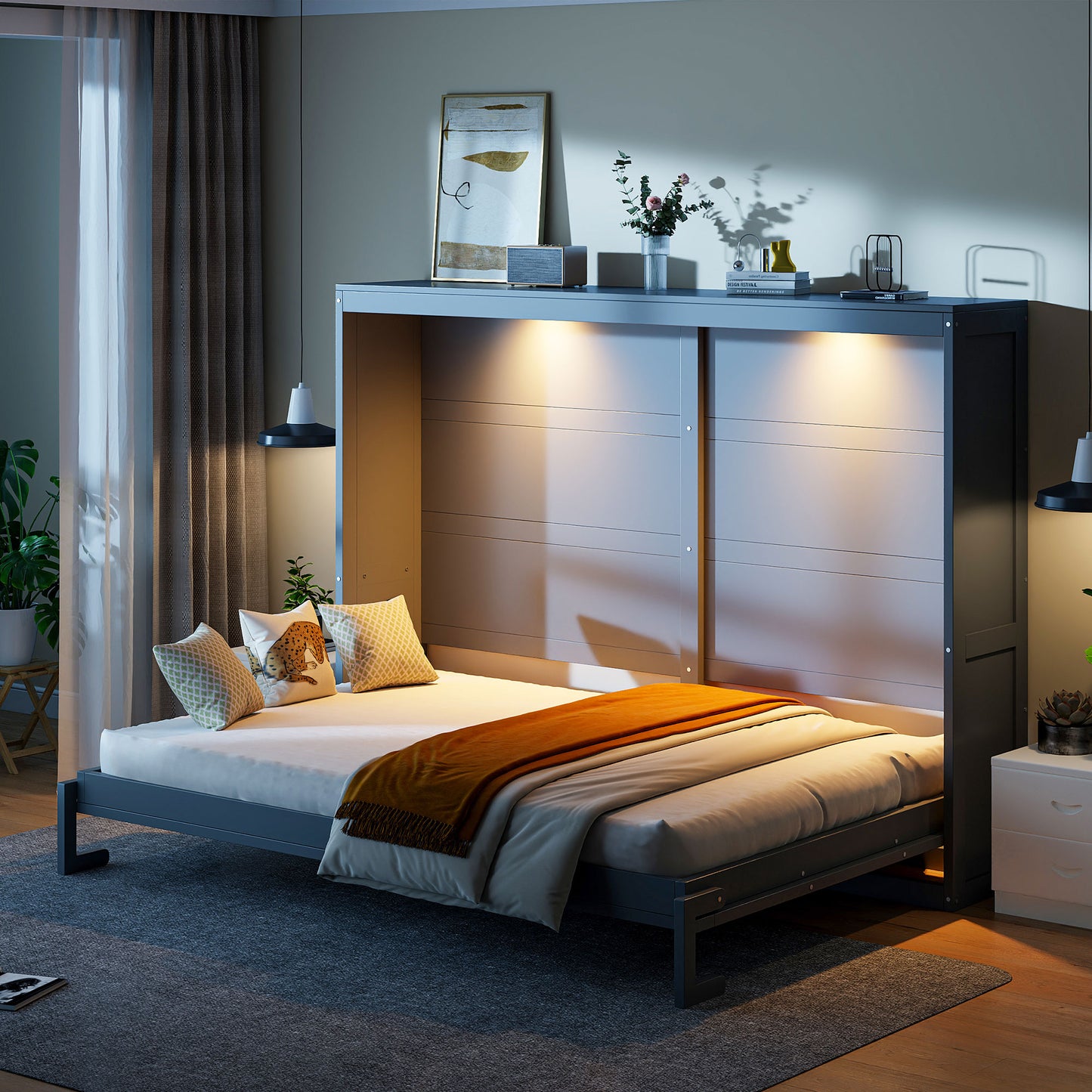 Modern gray Murphy bed with builtin shelving and warm LED lighting