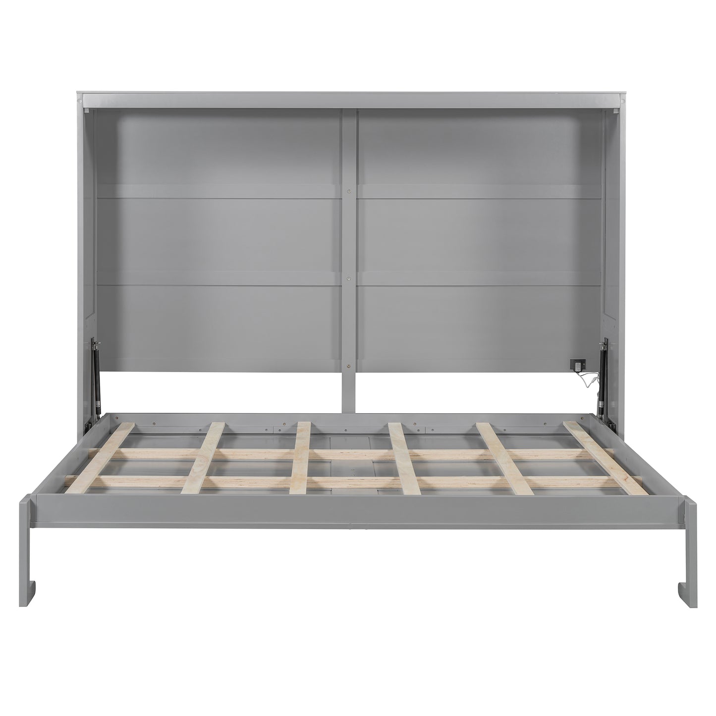 Grey modern platform bed frame with integrated headboard and gas lifts for storage