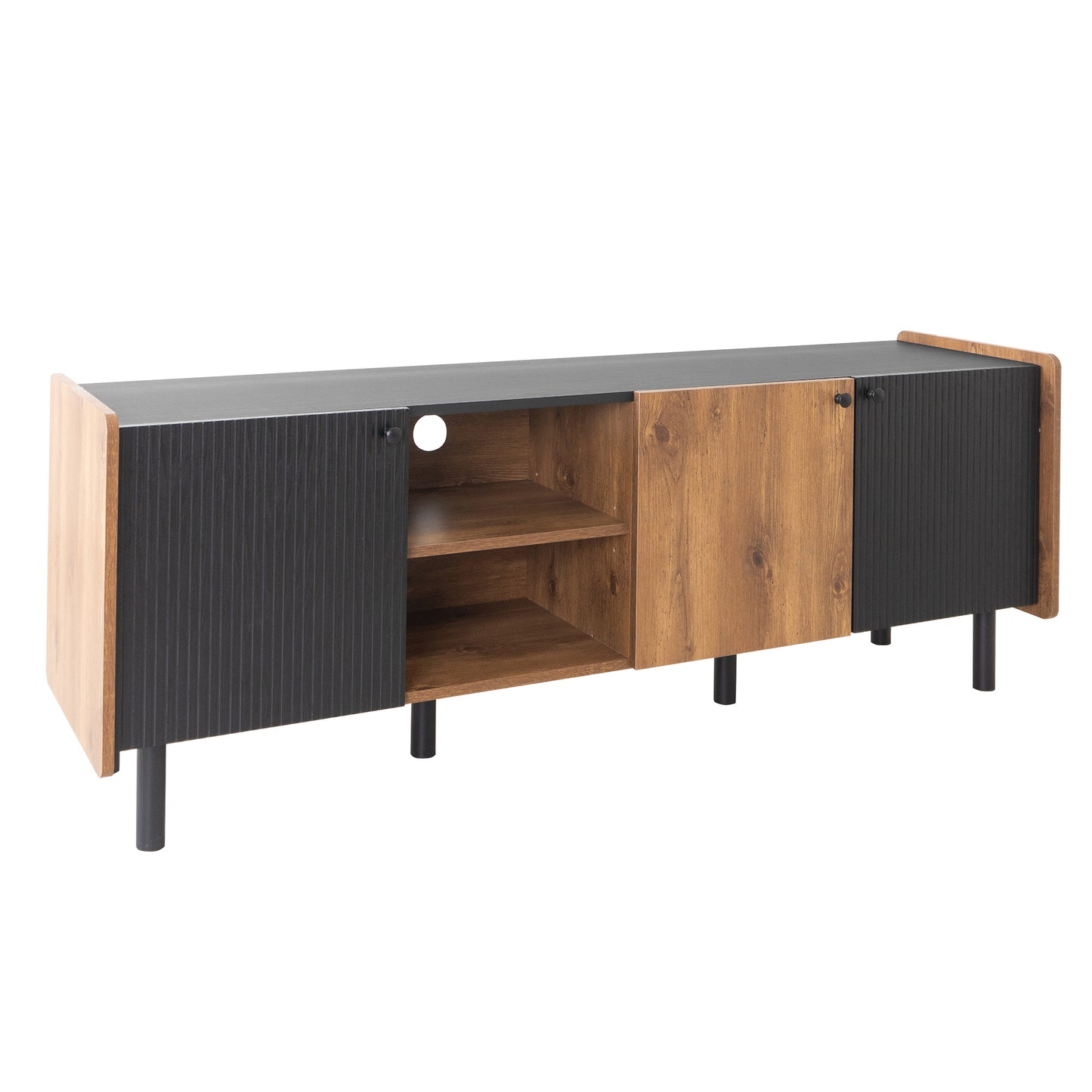 Modern media console with wood grain and ribbed black doors open shelves black legs