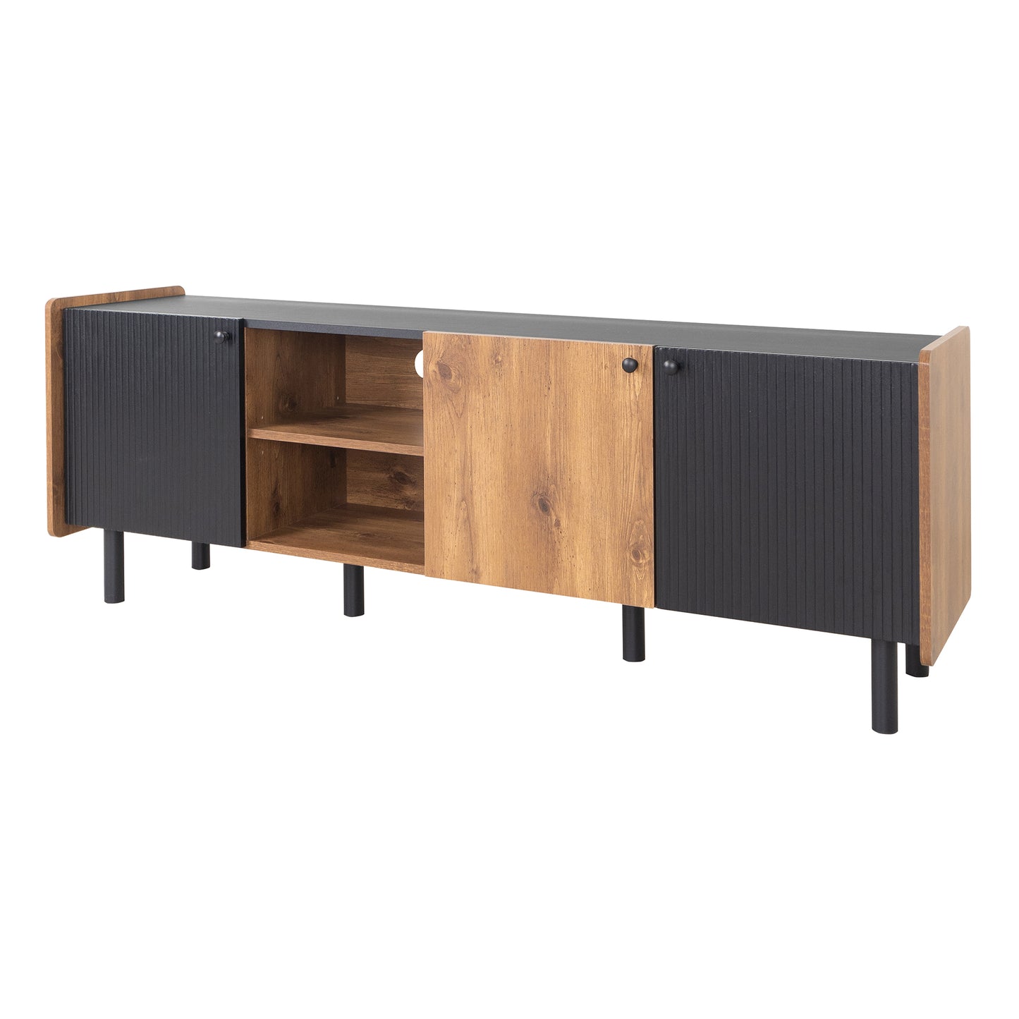 Modern black and wood TV stand with ribbed doors and tapered legs
