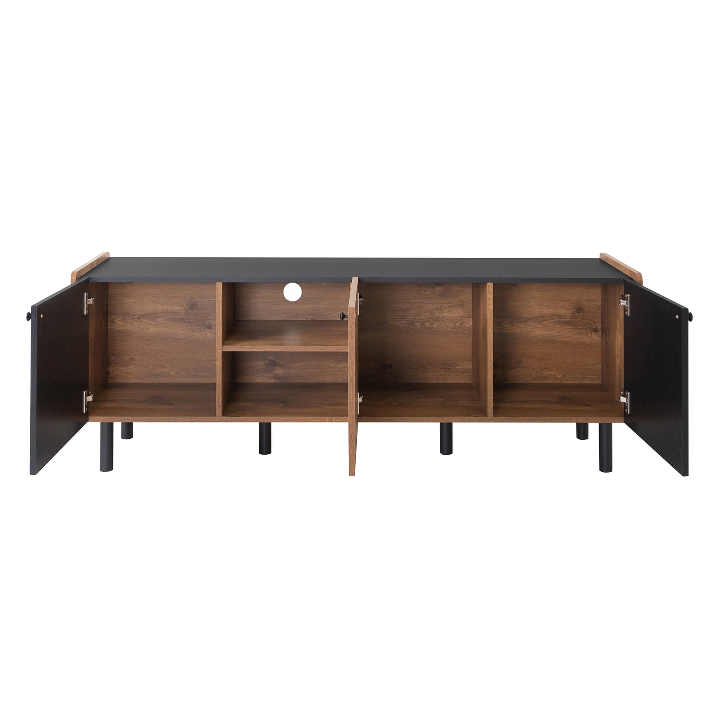 Black and wood media console with open doors and shelves midcentury modern design