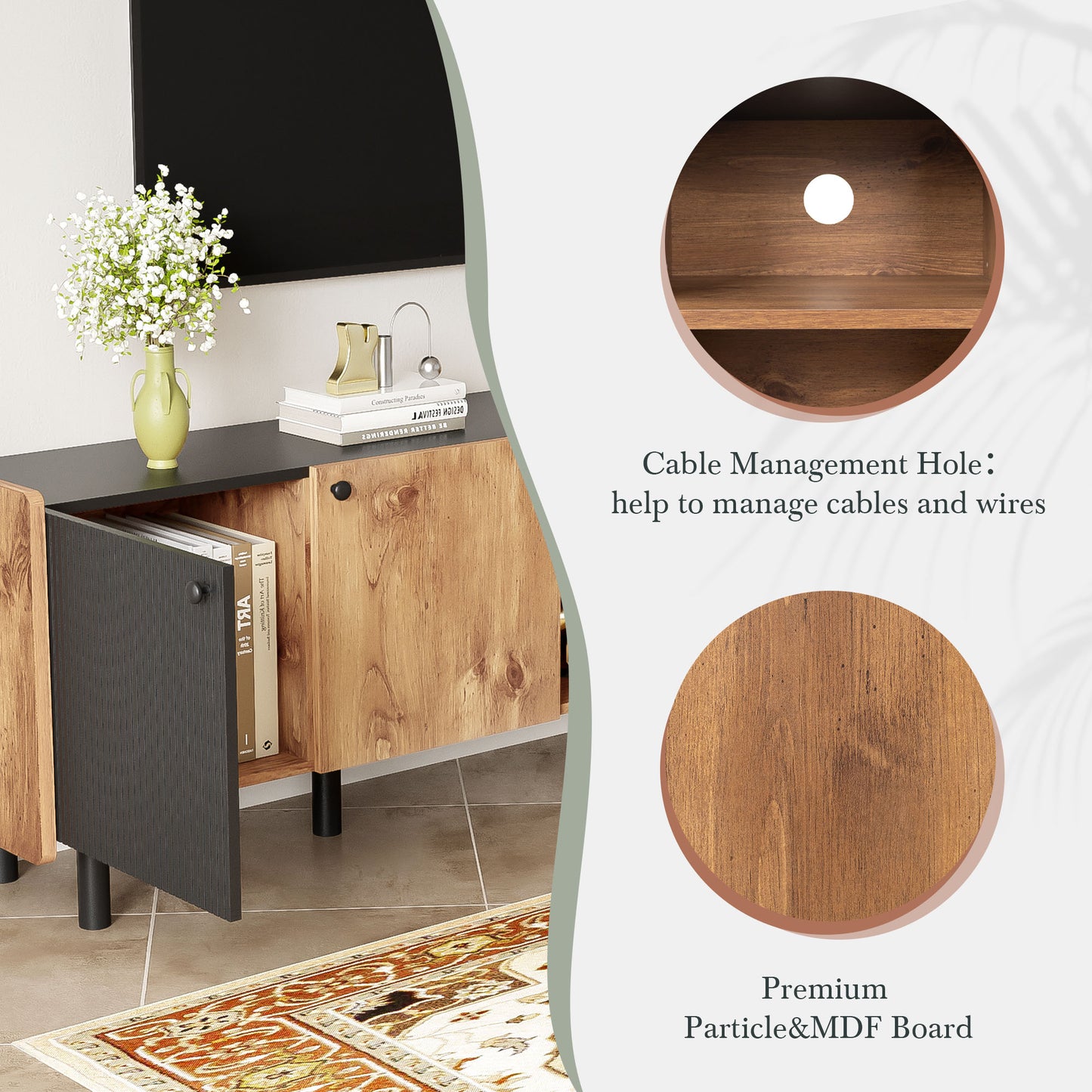 Modern media console with natural wood finish and black fluted door panel