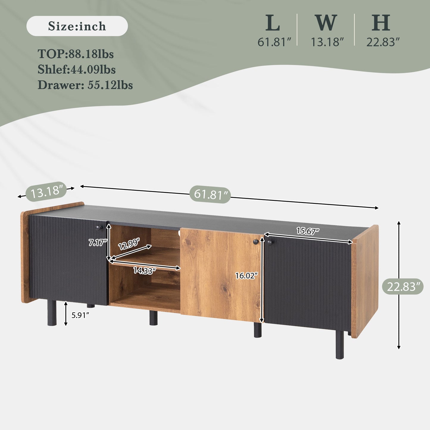 Modern black and wood entertainment center with ribbed doors length