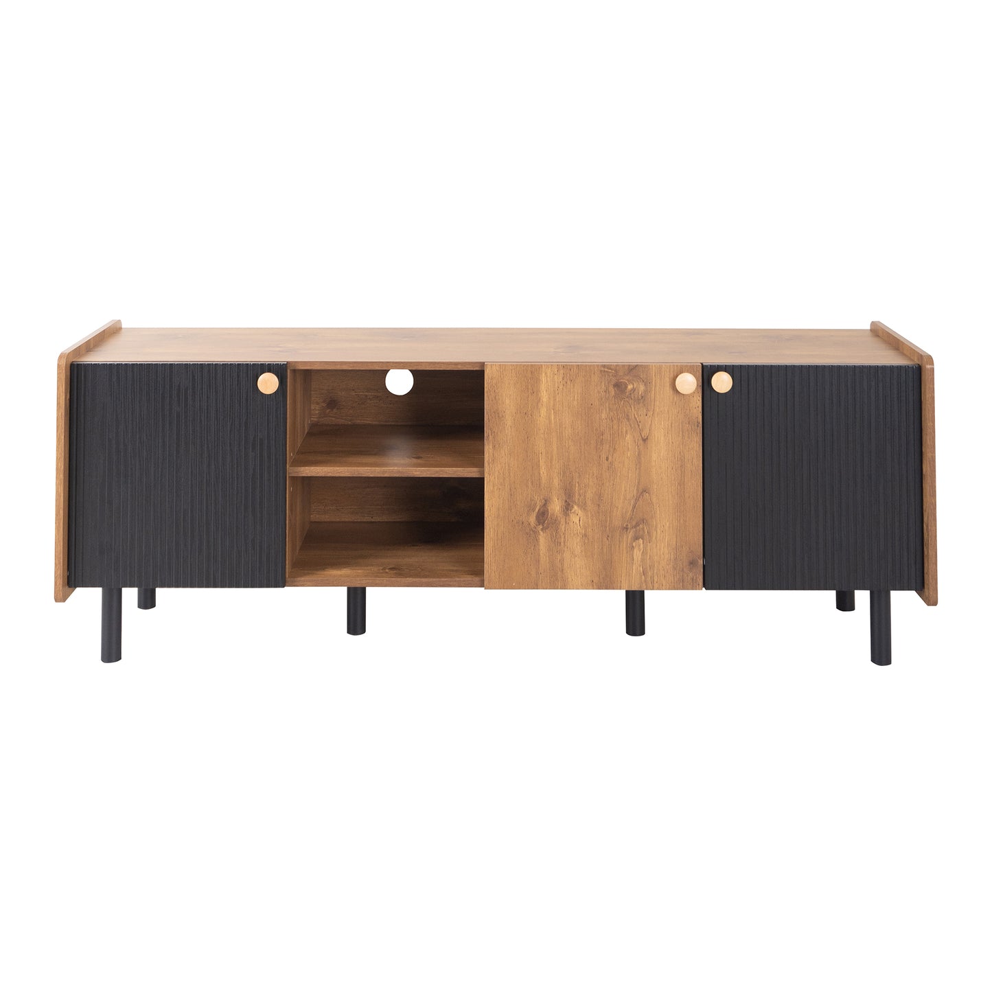 Midcentury modern media console with oak finish and fluted black doors