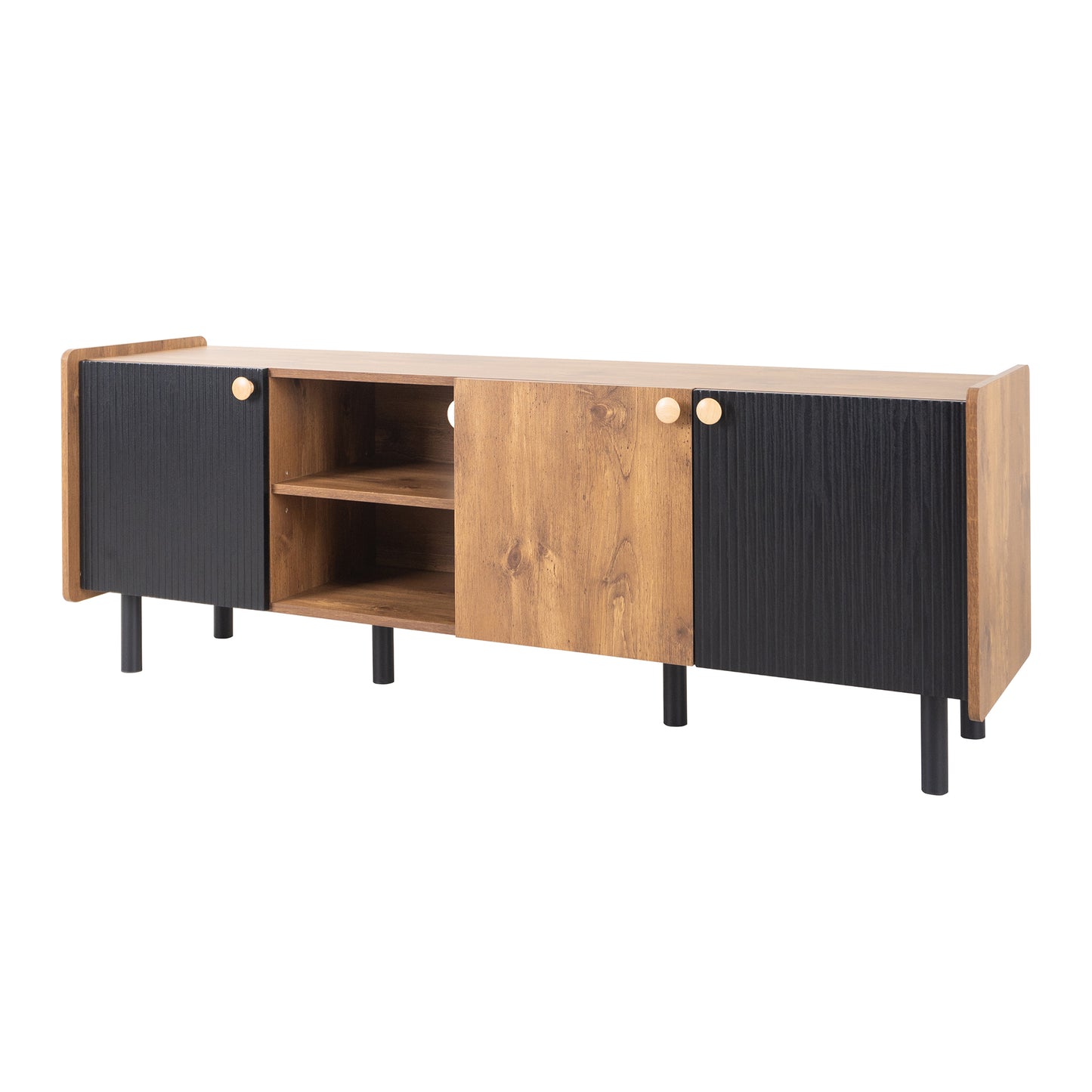Midcentury modern TV stand with wood grain and fluted black doors