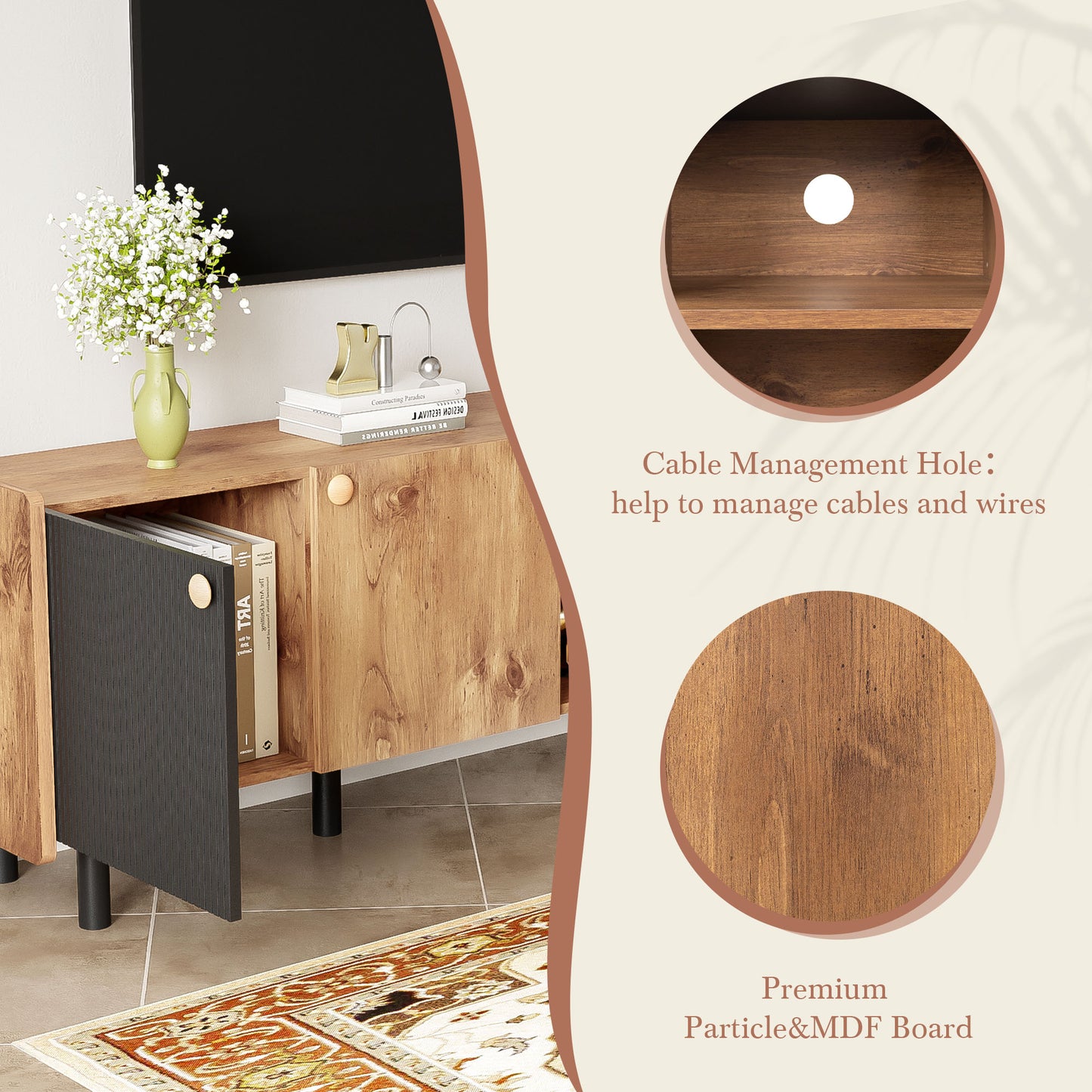 Modern wood TV stand with black door and cable management